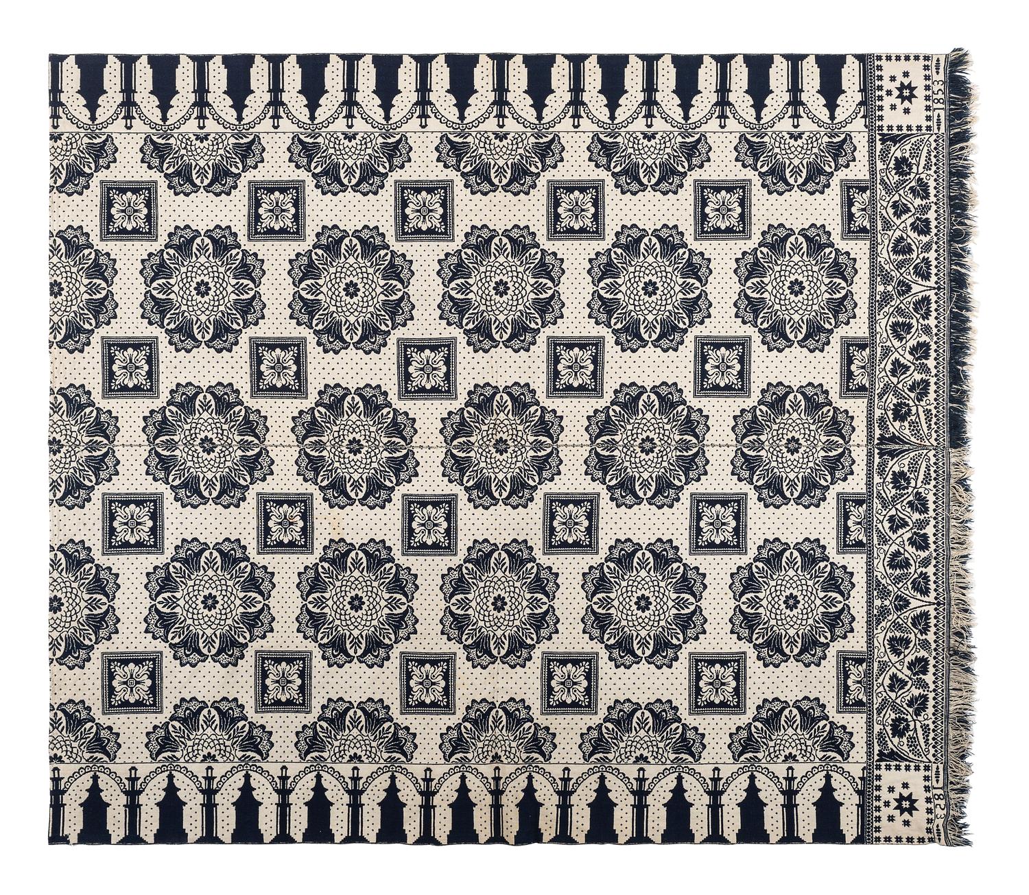 A Blue and White Jacquard Woven Coverlet