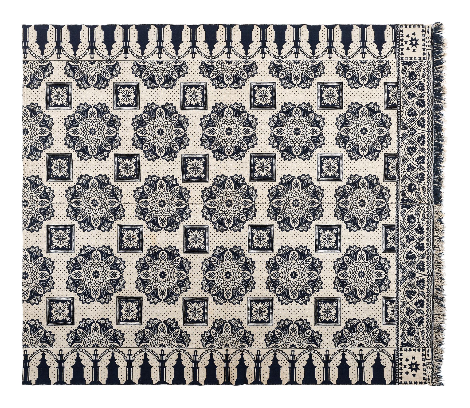 A Blue and White Jacquard Woven Coverlet