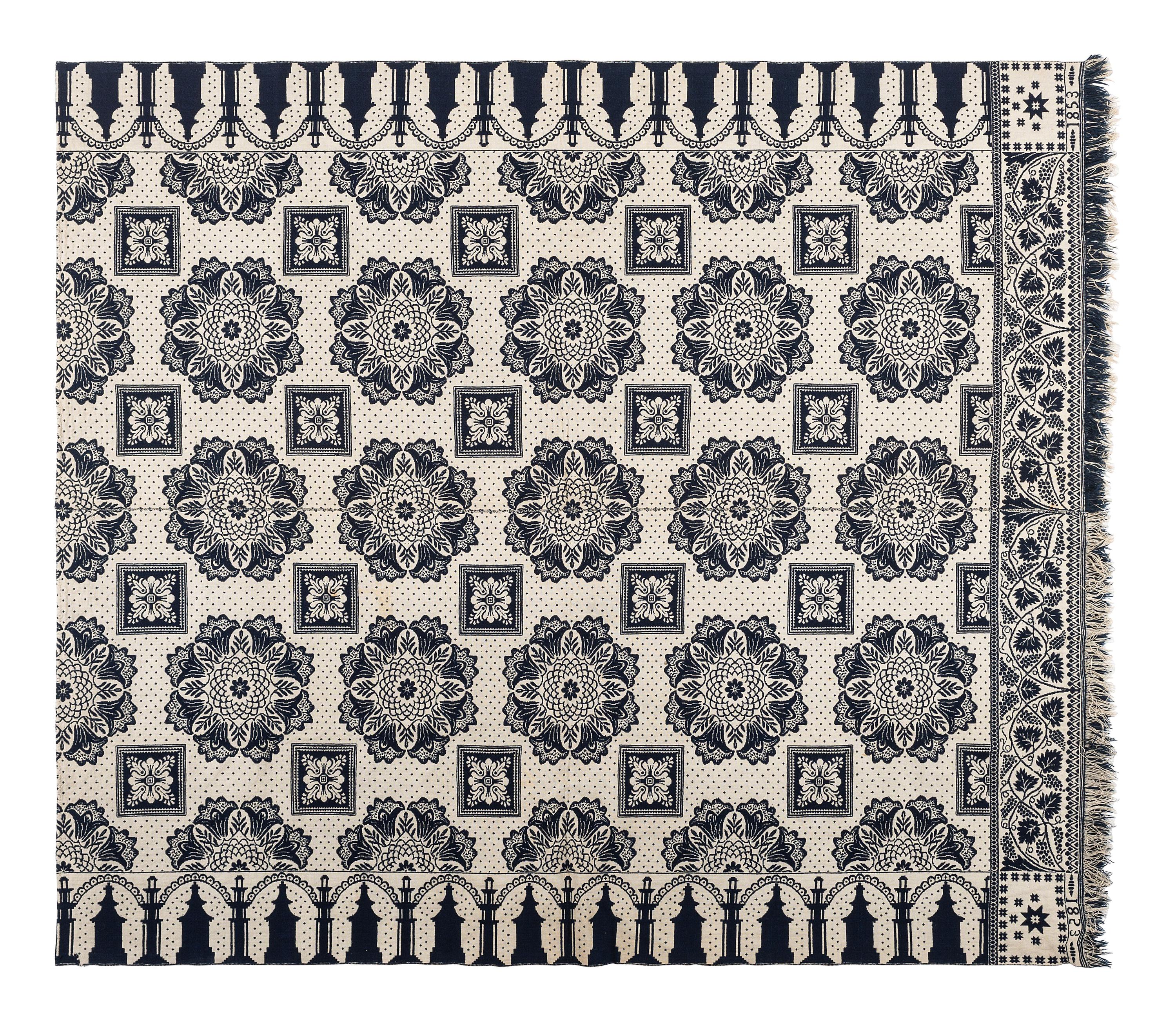 A Blue and White Jacquard Woven Coverlet