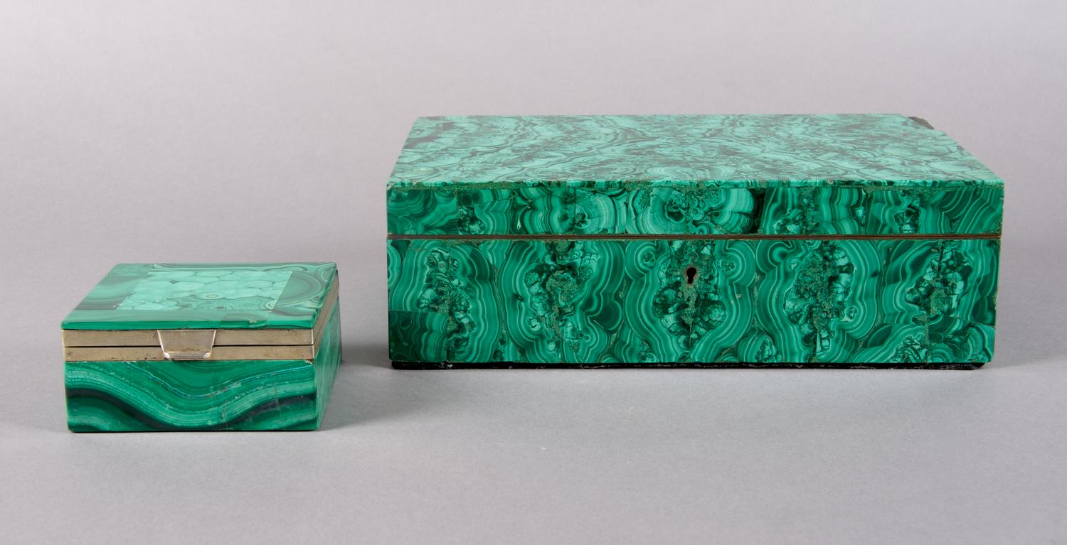 Two Malachite Veneered Boxes, Height 3 1/4 x width 10 1/2 x depth 7 inches.