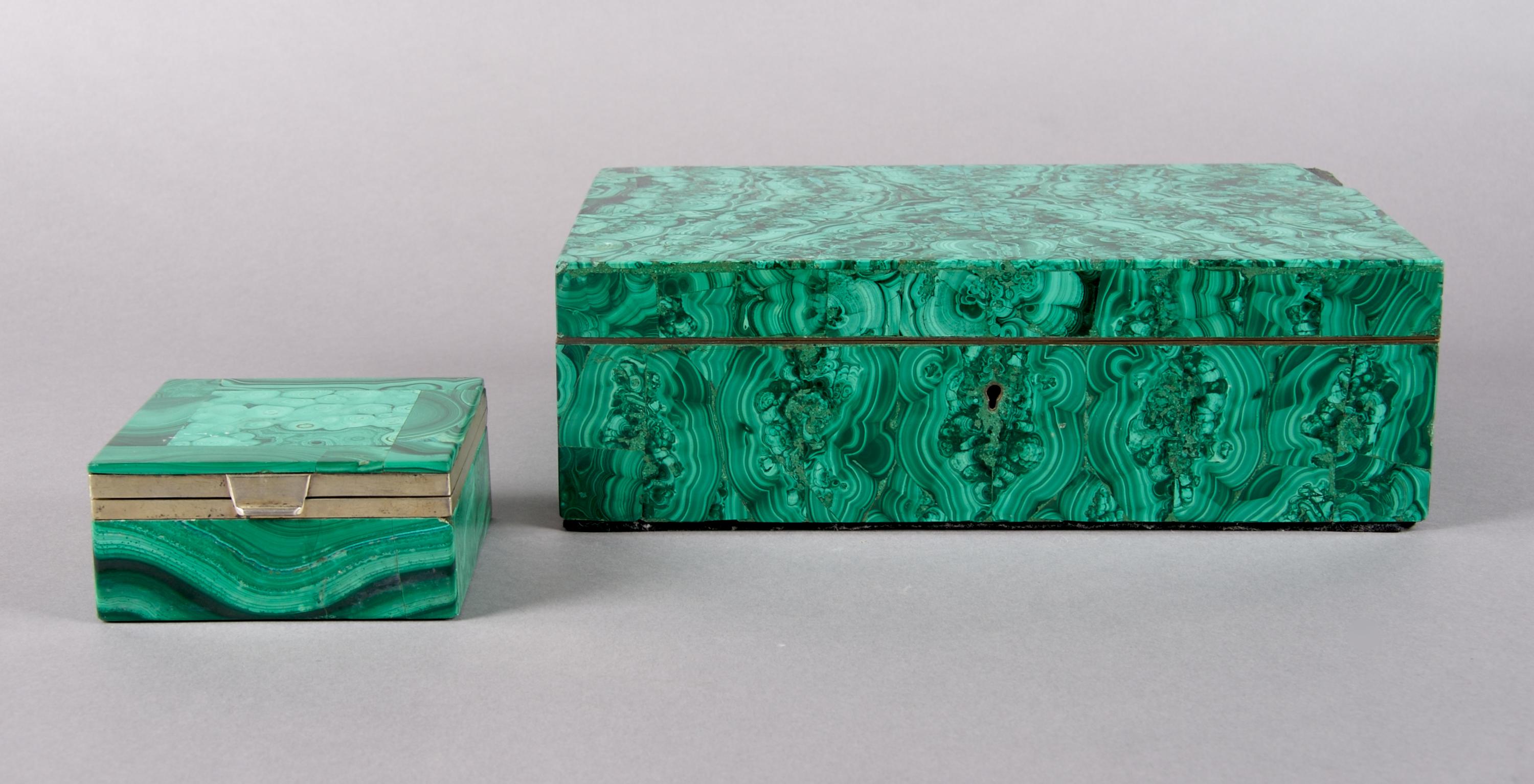 Two Malachite Veneered Boxes, Height 3 1/4 x width 10 1/2 x depth 7 inches.