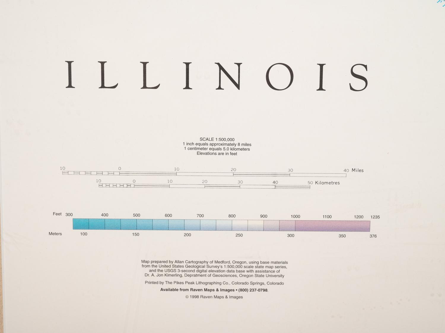 Modern map of Illinois. Colorado Springs, CO: The Pikes Peak Lithography Co., 1998. 59 1/2 x 37 1/2 in. Matted and framed.