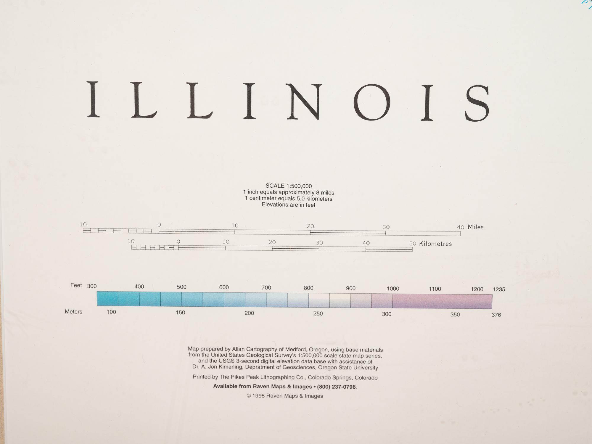 Modern map of Illinois. Colorado Springs, CO: The Pikes Peak Lithography Co., 1998. 59 1/2 x 37 1/2 in. Matted and framed.