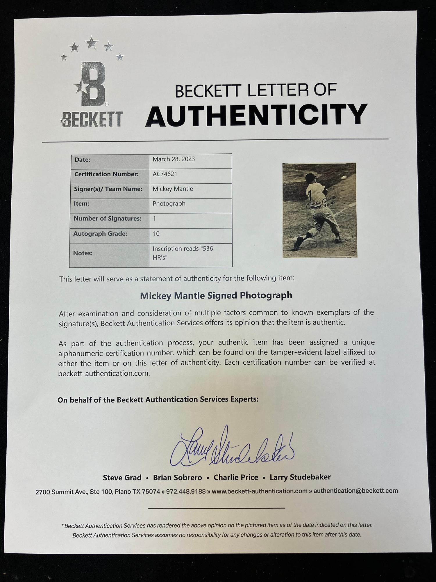 An Exceptional Mickey Mantle Signed Autograph Photograph Inscribed 536 HRs (Beckett Authentication Services 10 Auto Grade),