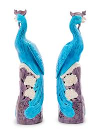 A Pair of Chinese Export Turquoise, White and Purple Glazed Porcelain Figures of Phoenixes
