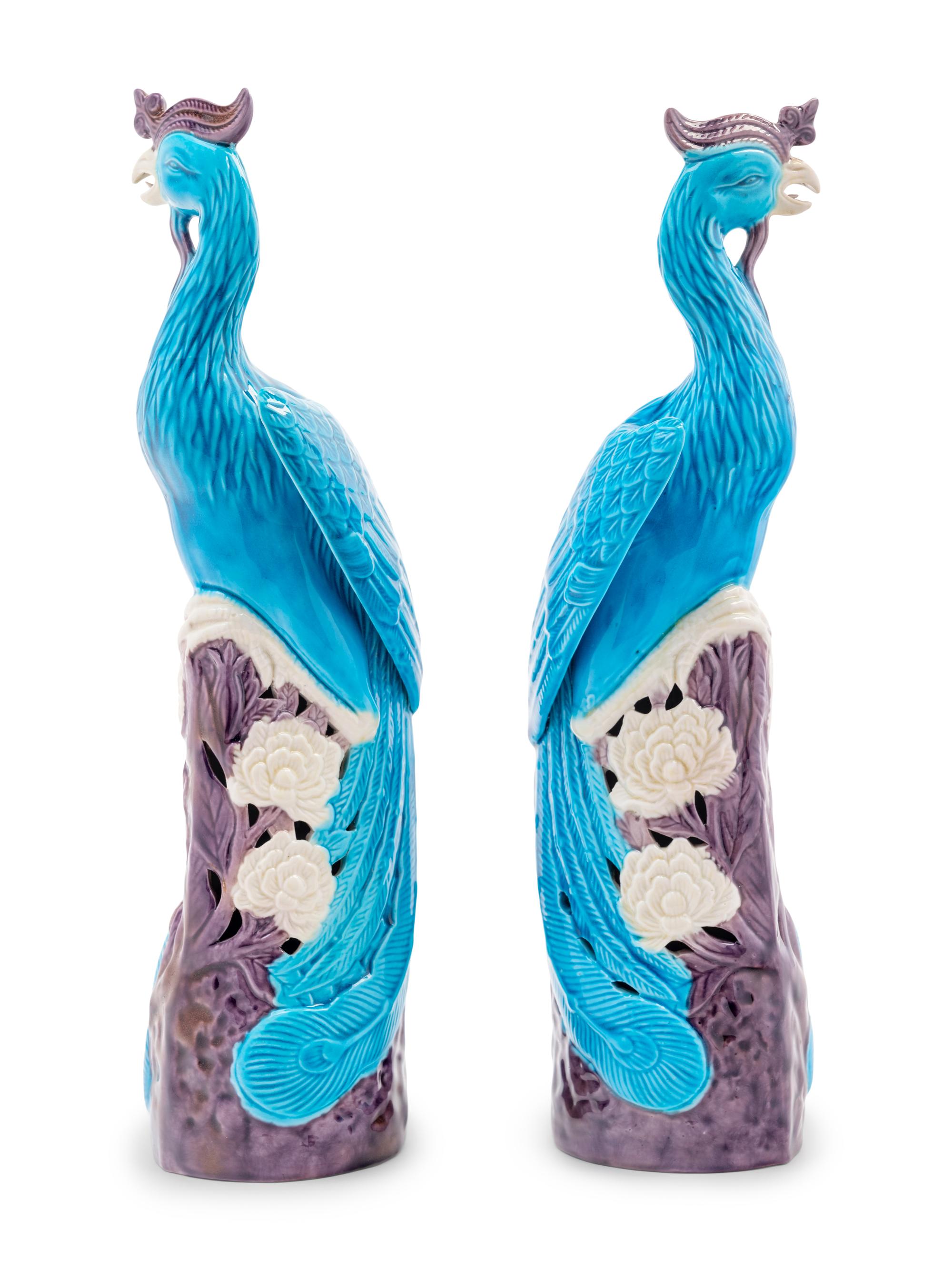 A Pair of Chinese Export Turquoise, White and Purple Glazed Porcelain Figures of Phoenixes