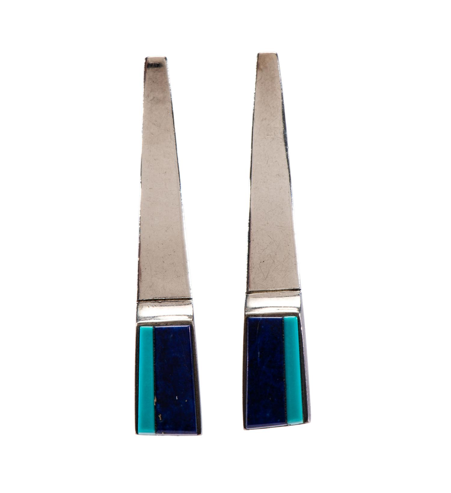 Silver Post Earrings, with Turquoise and Lapis Inlay Lot is located and will ship from Denver, Colorado.