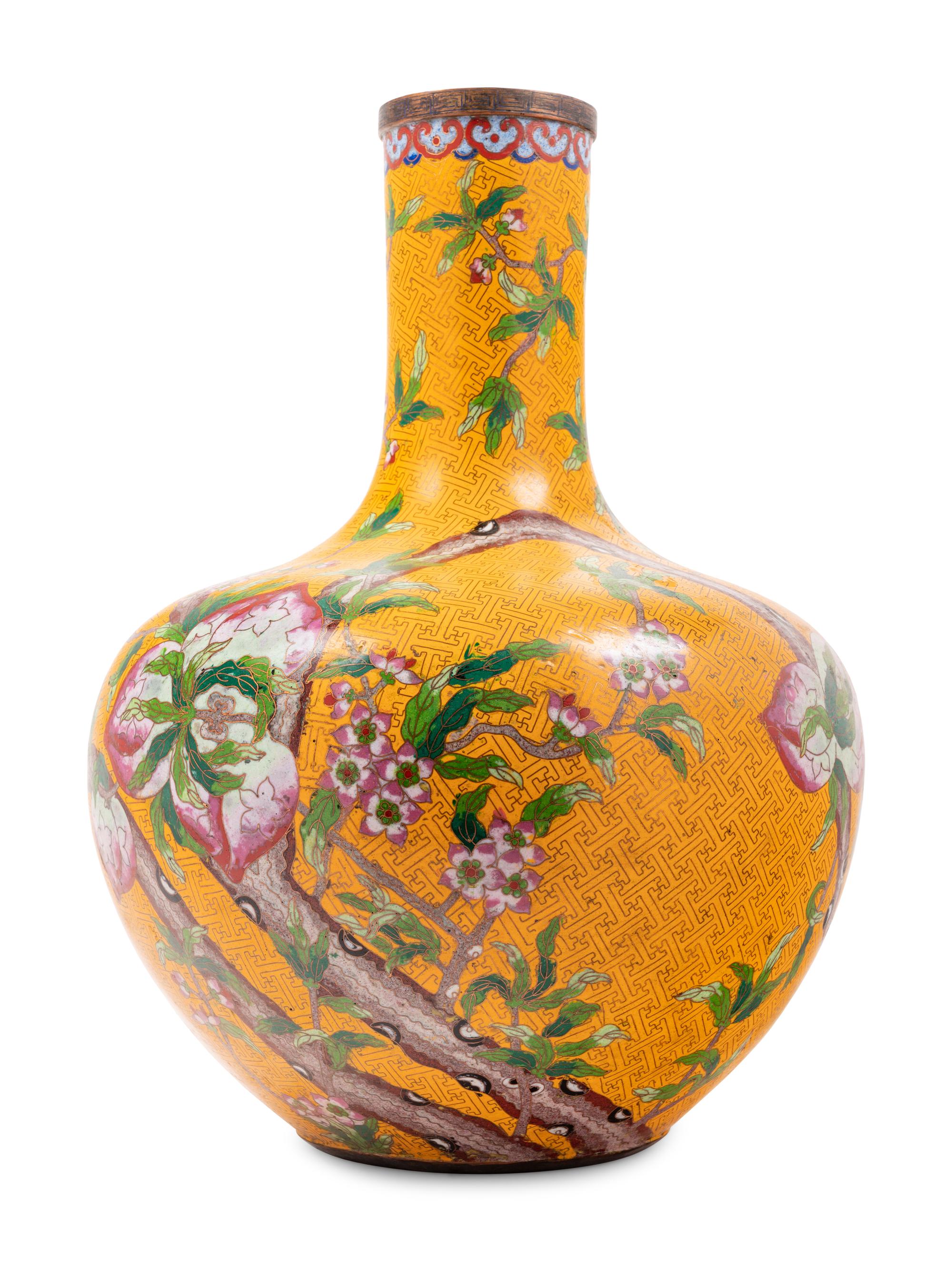 Three Large Chinese Yellow Ground Cloisonné Enamel Vases, Tianqiuping