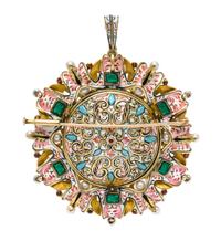 A Renaissance Revival Yellow Gold, Polychrome Swiss Enamel and Multigem Portrait Pendant/Brooch, 26.00 dwts.