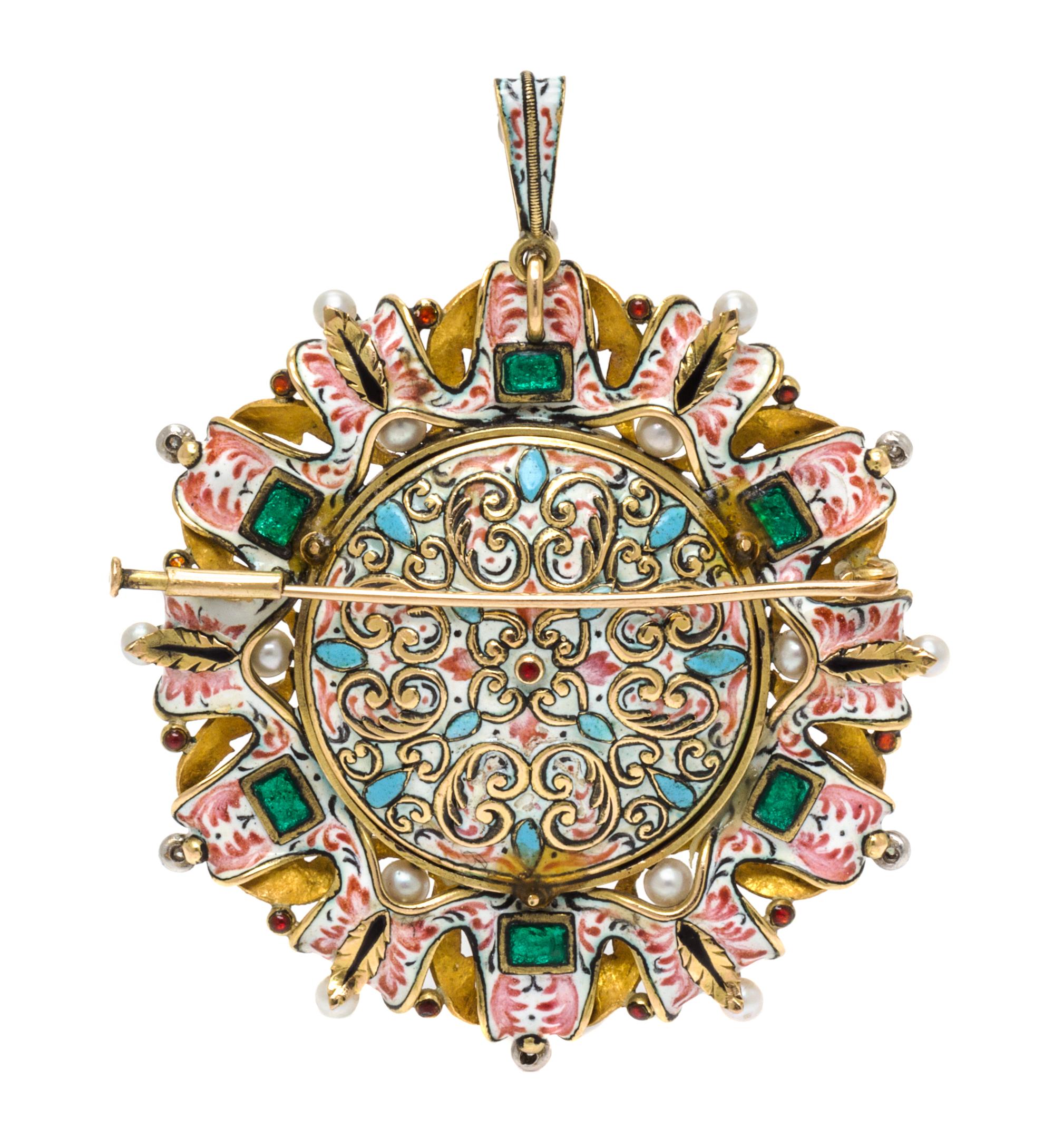 A Renaissance Revival Yellow Gold, Polychrome Swiss Enamel and Multigem Portrait Pendant/Brooch, 26.00 dwts.