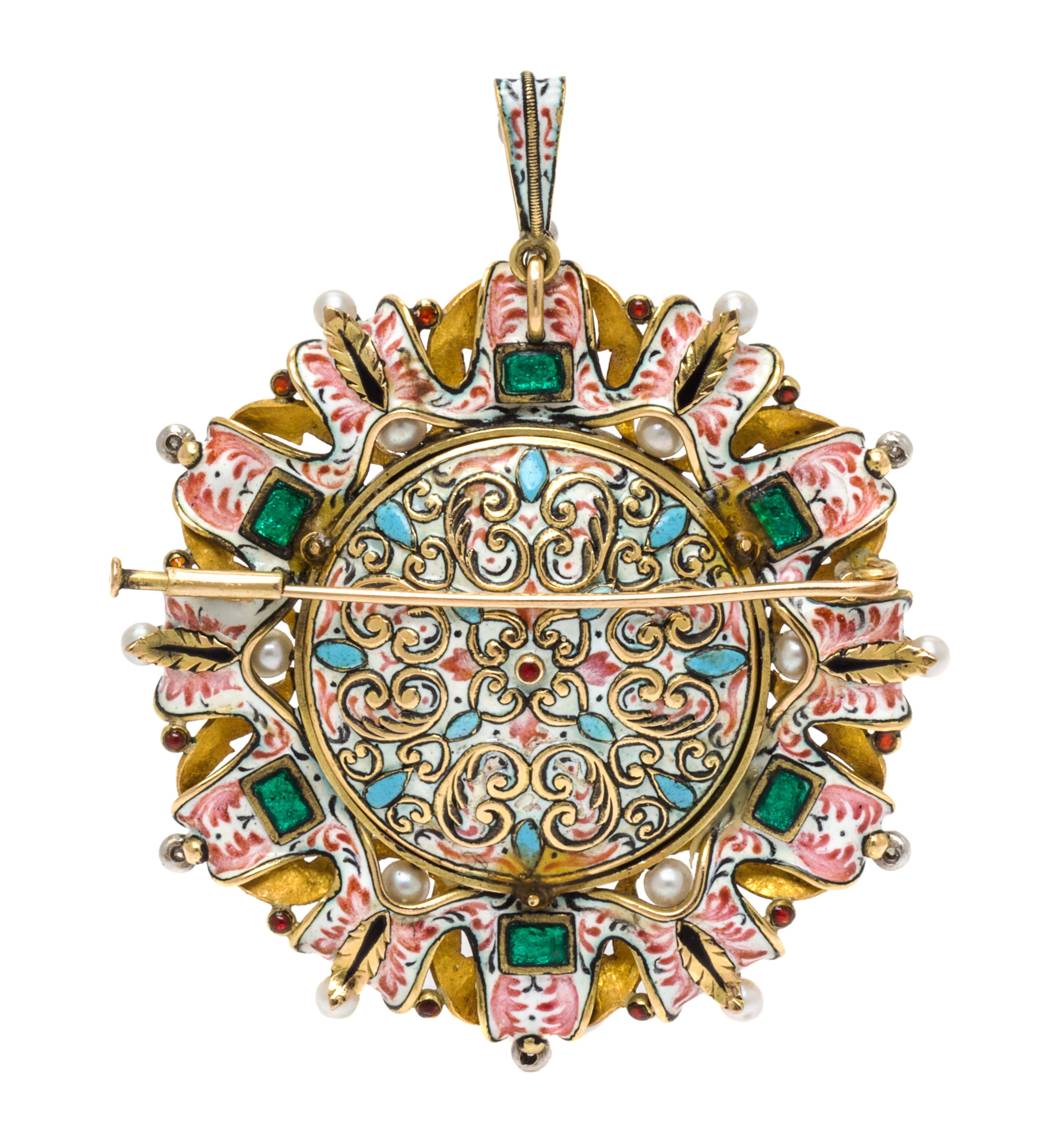 A Renaissance Revival Yellow Gold, Polychrome Swiss Enamel and Multigem Portrait Pendant/Brooch, 26.00 dwts.