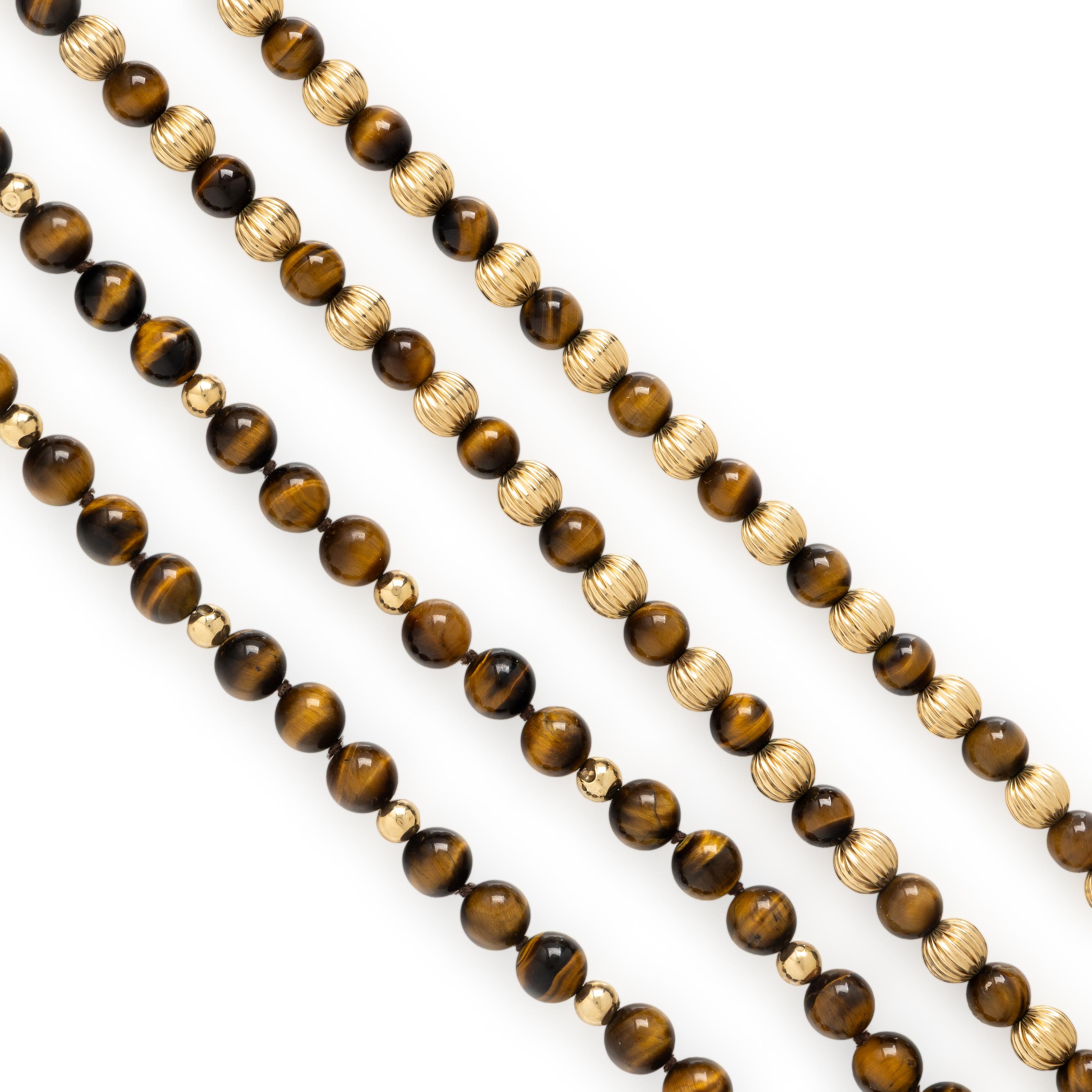 Two Tiger's Eye and Yellow Gold Beaded Necklaces