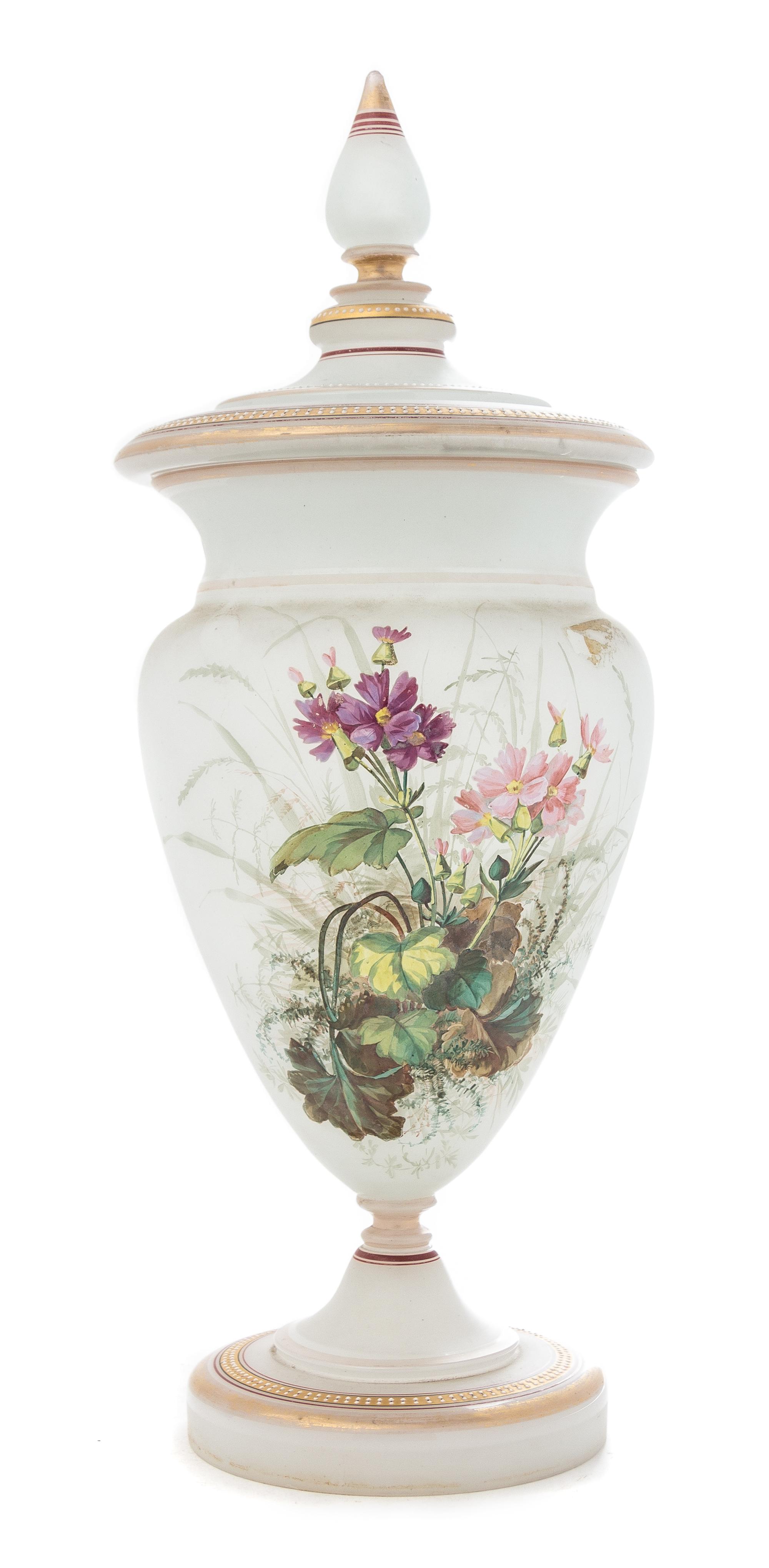 An Enameled Opaline Glass Urn Height 18 3/4 inches. — 19TH CENTURY