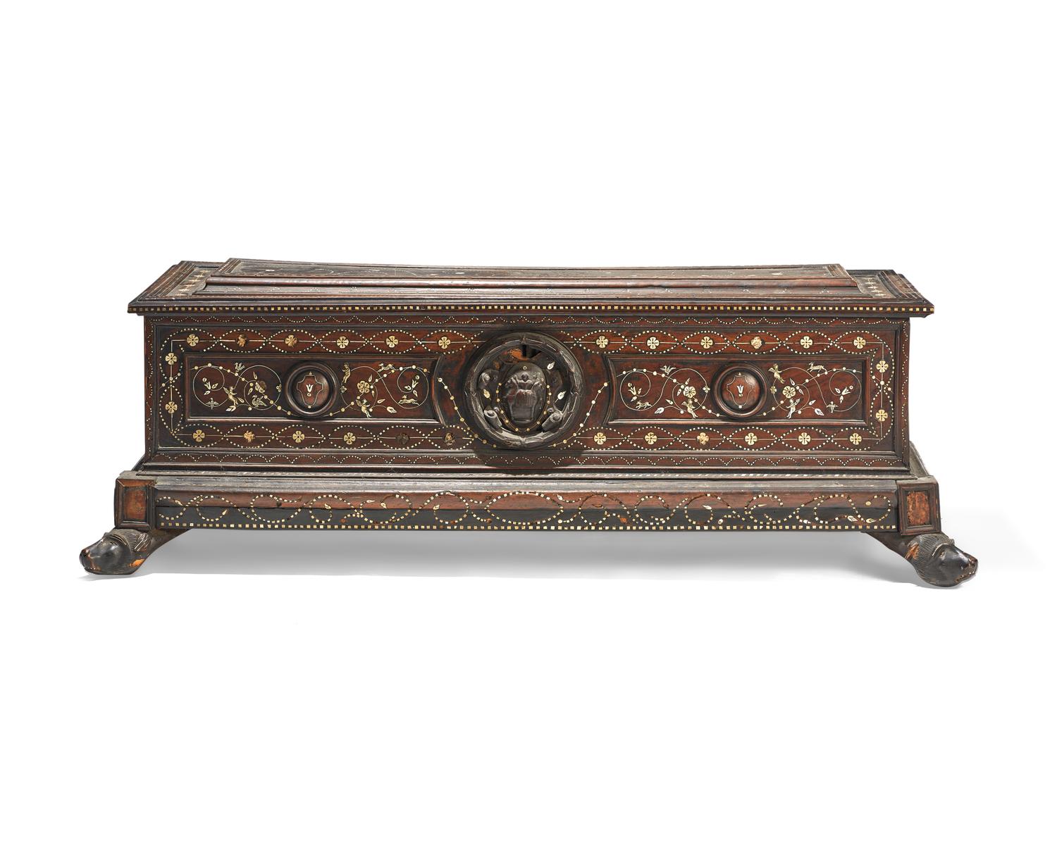 An Italian Baroque bone-inlaid walnut cassone, 17th century