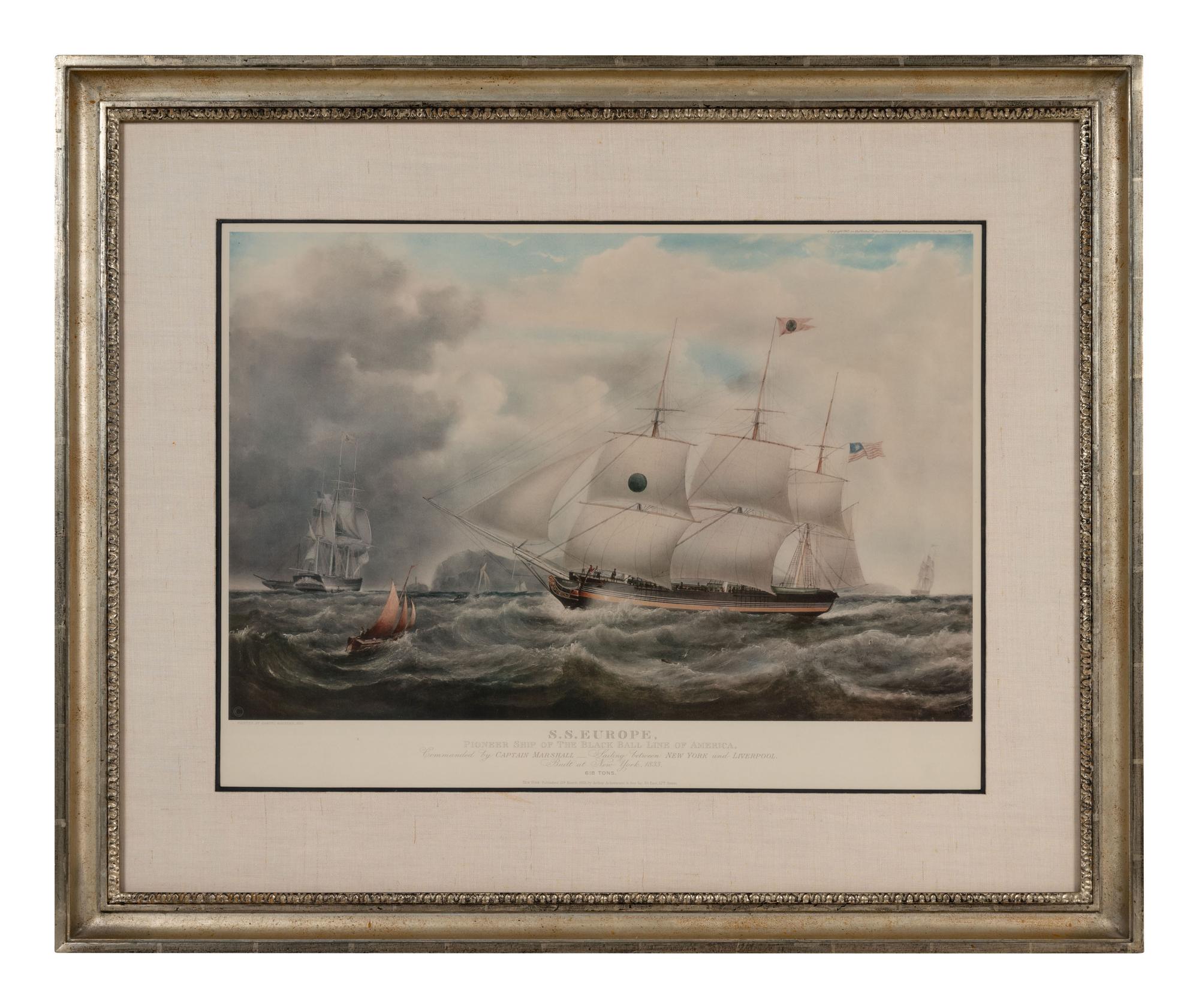 A 1925 lithograph of SS Europe, Pioneer Ship of the Black Ball Line of America after Samuel Walters (British, 1811–1882)