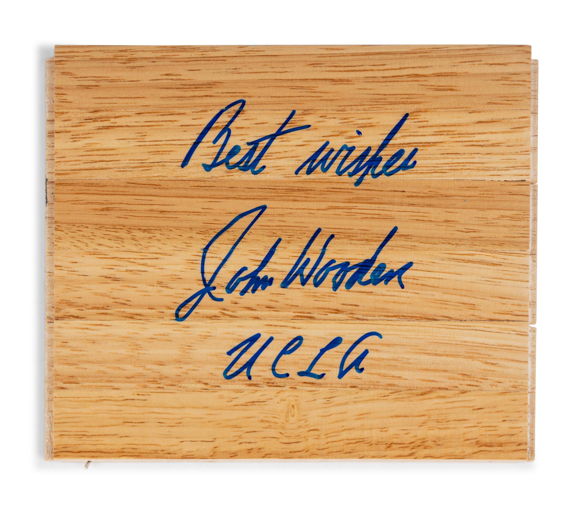 A John Wooden UCLA Signed Autograph Floorboard and Pyramid of Success Card (PSA Letter),