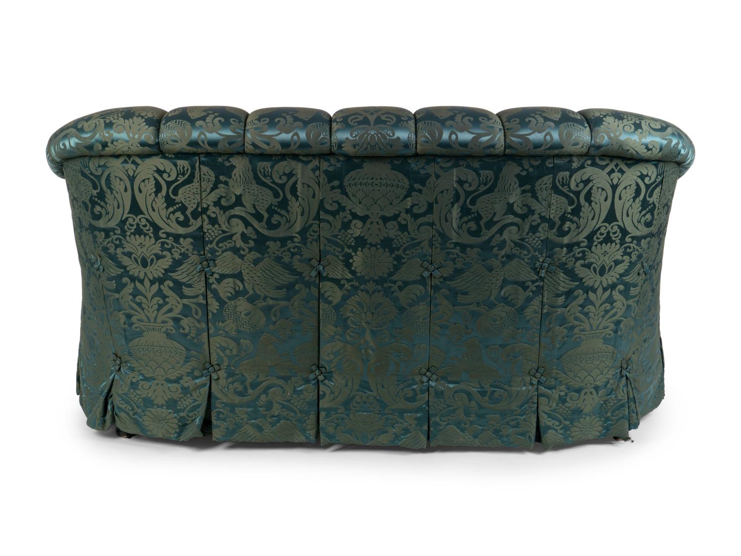 A Green Damask Button Tufted Love Seat — 20TH CENTURY
