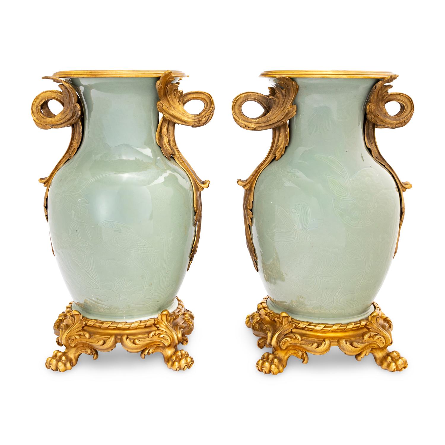 A Pair of Chinese Celadon Porcelain and French Gilt Bronze Mounted Vases