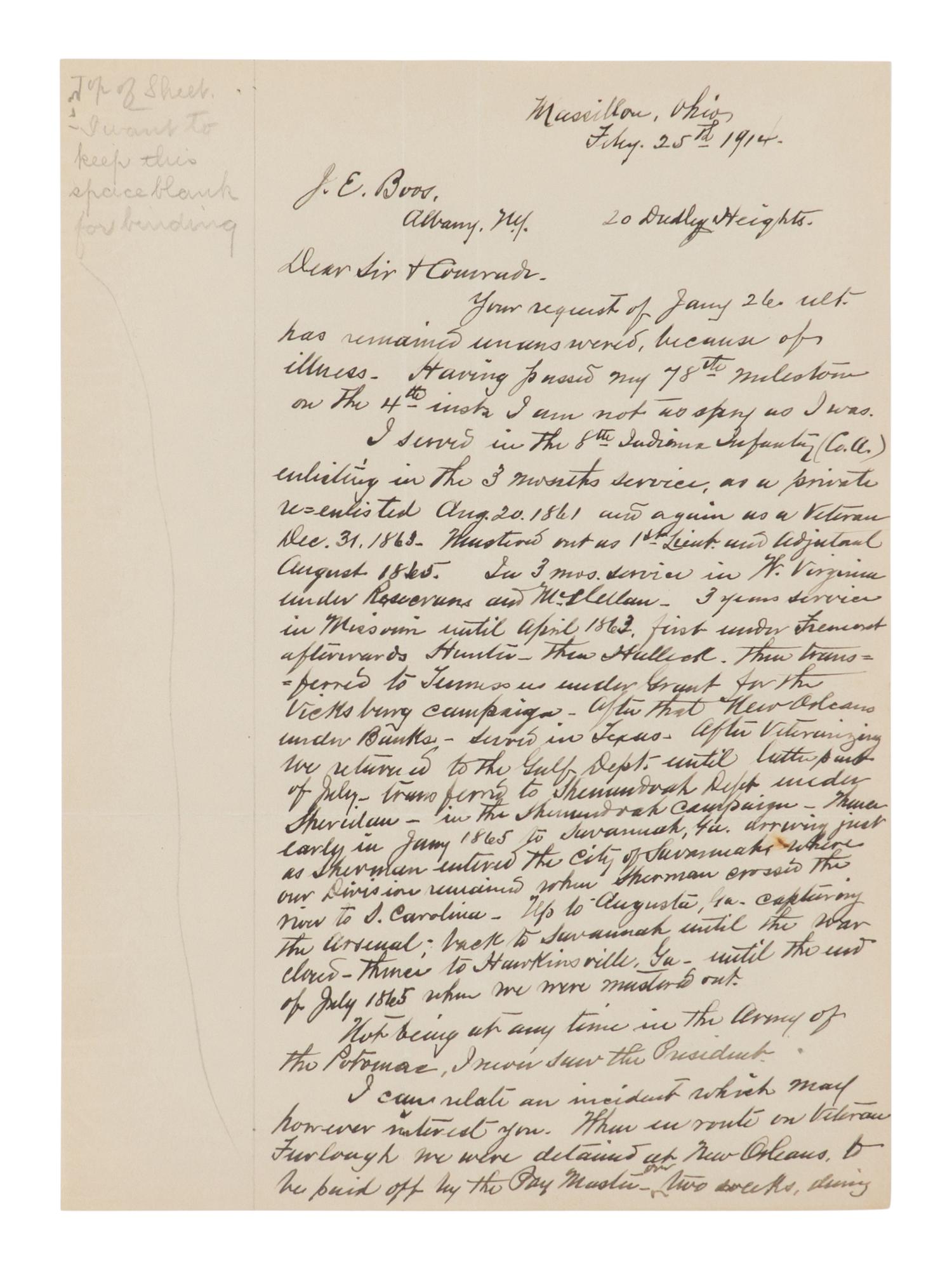 [BOOTH, John Wilkes (1838-1865)]. PEACOCK, James. Autograph letter signed ("James Peacock") to J.E. Boos. [Massilion], Ohio, 25 February 1914.