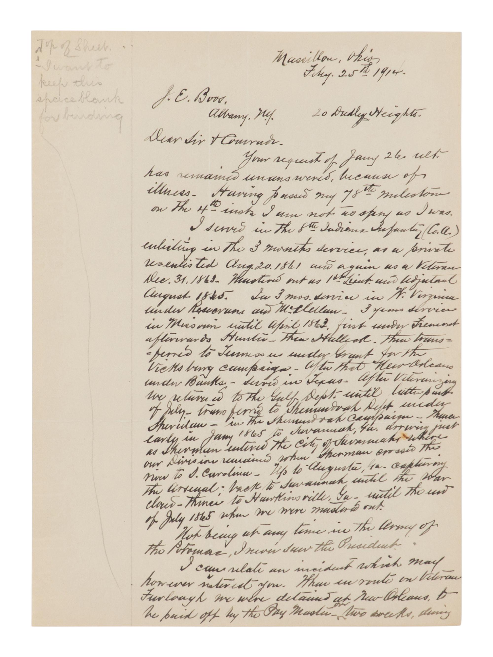[BOOTH, John Wilkes (1838-1865)]. PEACOCK, James. Autograph letter signed ("James Peacock") to J.E. Boos. [Massilion], Ohio, 25 February 1914.