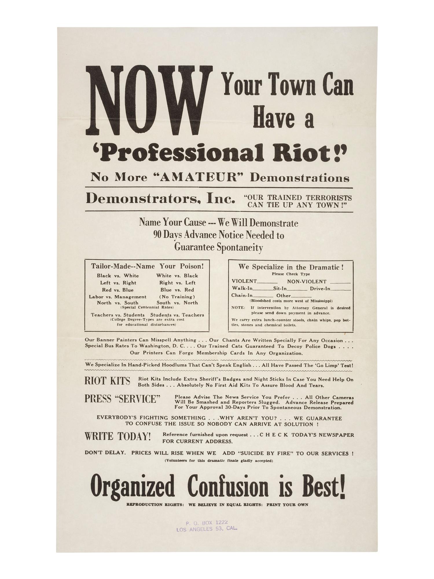 [POLITICAL PROTEST]. Now Your Town Can Have a 'Professional Riot!' No More "Amateur" Demonstrations. [Los Angeles, CA]: [Alert Americans Association], [1965].
