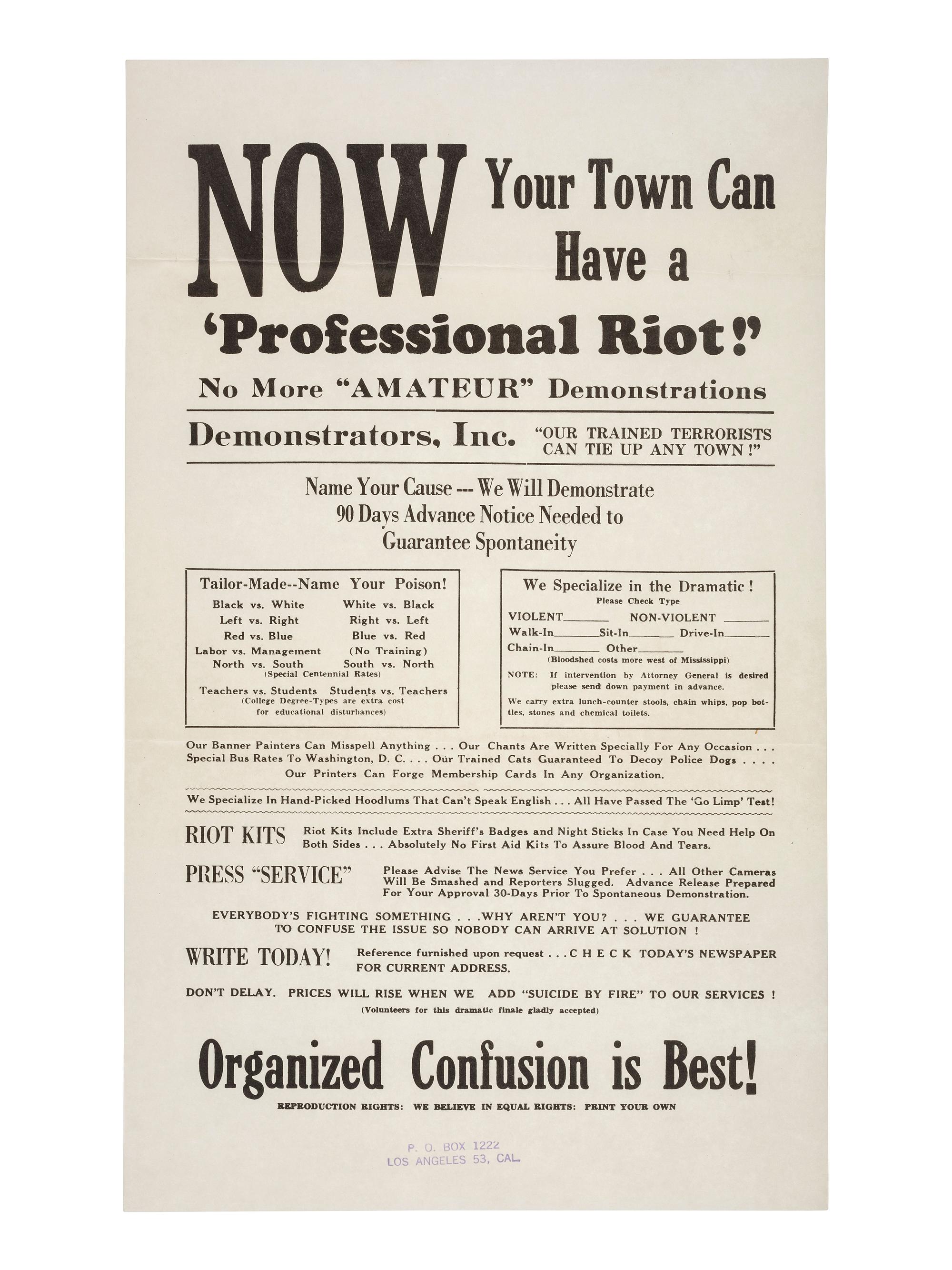 [POLITICAL PROTEST]. Now Your Town Can Have a 'Professional Riot!' No More "Amateur" Demonstrations. [Los Angeles, CA]: [Alert Americans Association], [1965].