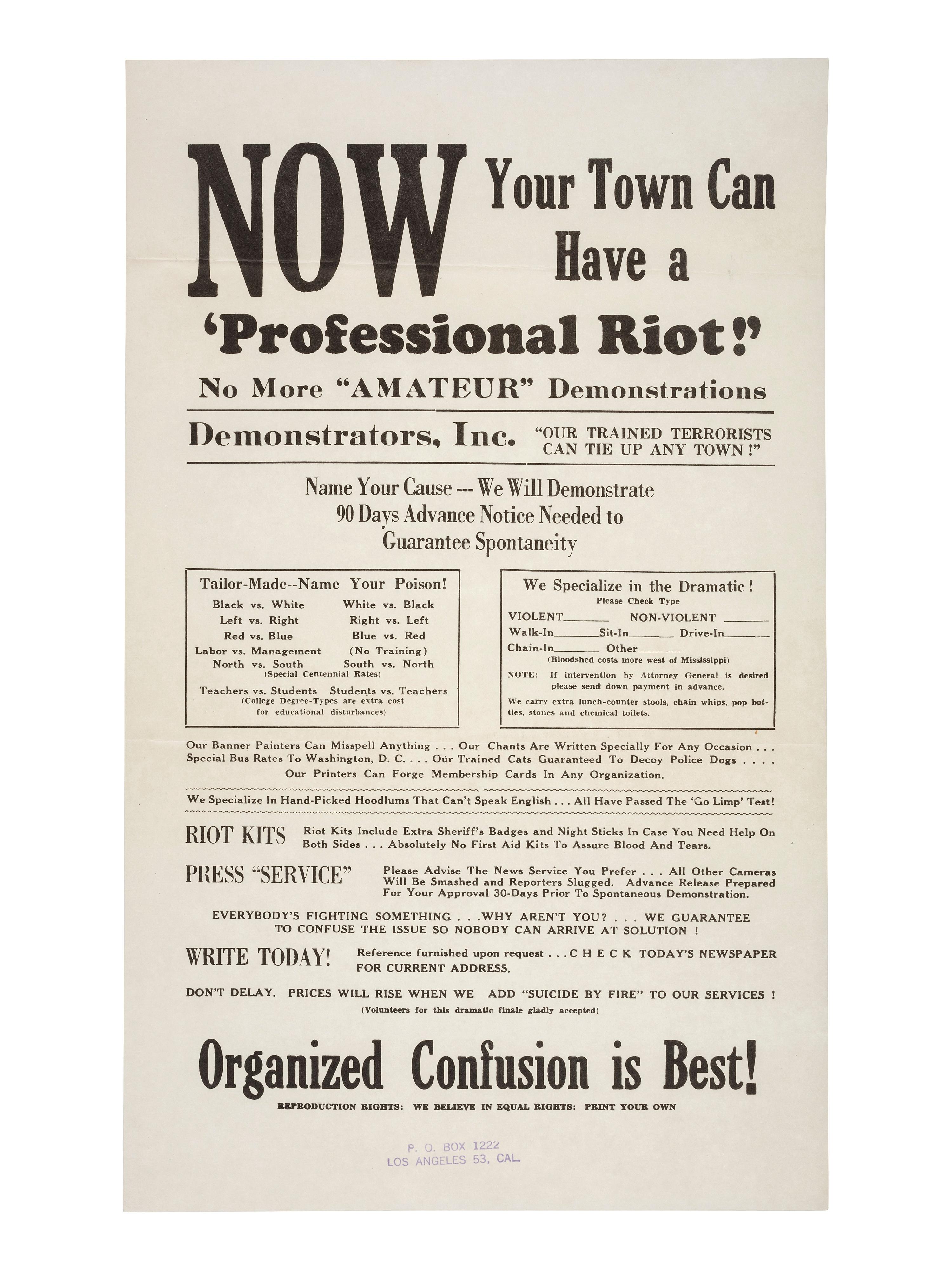 [POLITICAL PROTEST]. Now Your Town Can Have a 'Professional Riot!' No More "Amateur" Demonstrations. [Los Angeles, CA]: [Alert Americans Association], [1965].