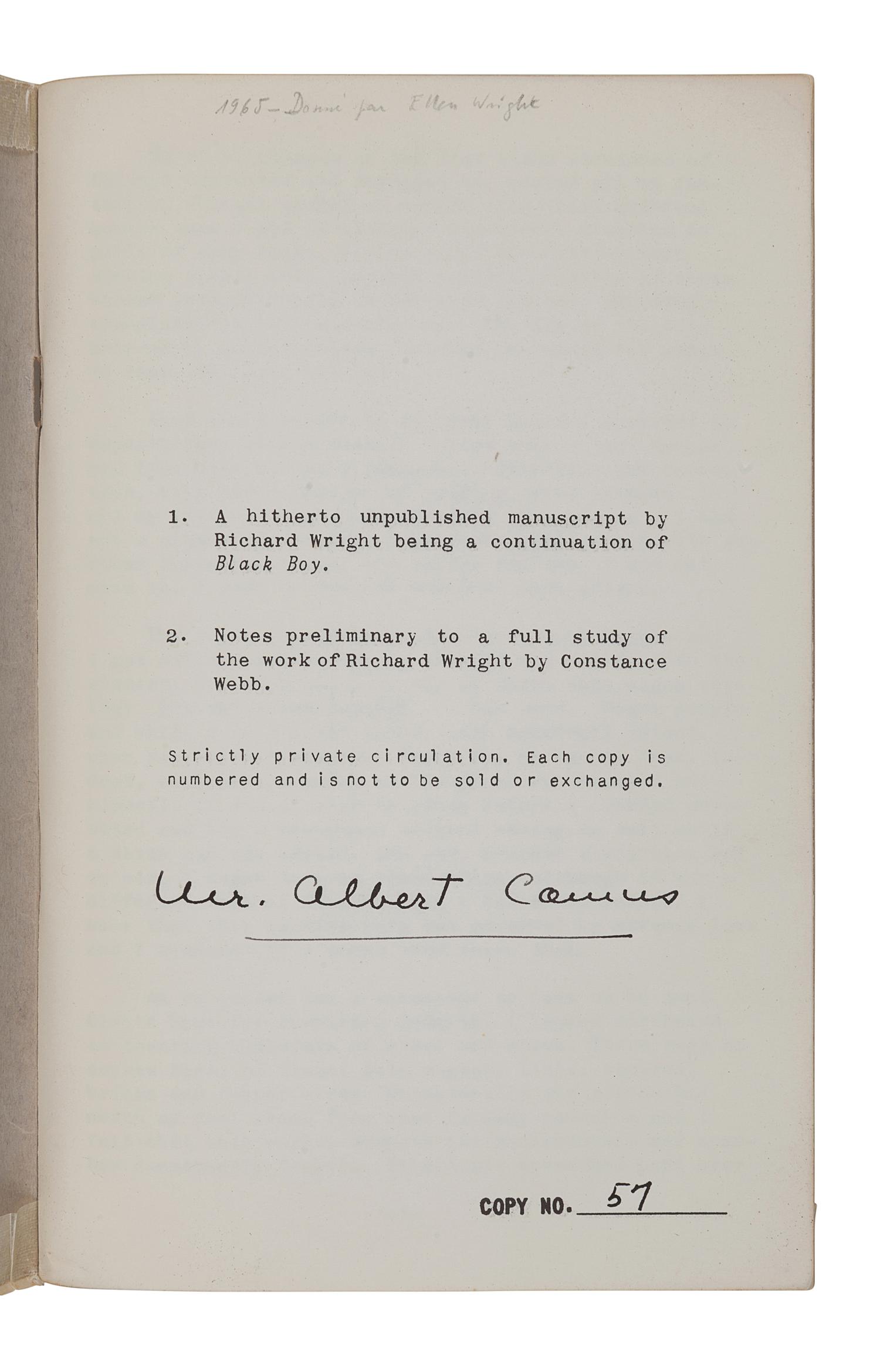 [CAMUS, Albert (1913-1960), his copy]. - WRIGHT, Richard (1908-1960). - WEBB, Constance (1939-1948). A Hitherto Unpublished Manuscript. N.p.: Strictly private circulation [Constance Webb], n.d. [ca 1946].