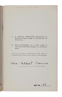 [CAMUS, Albert (1913-1960), his copy]. - WRIGHT, Richard (1908-1960). - WEBB, Constance (1939-1948). A Hitherto Unpublished Manuscript. N.p.: Strictly private circulation [Constance Webb], n.d. [ca 1946].