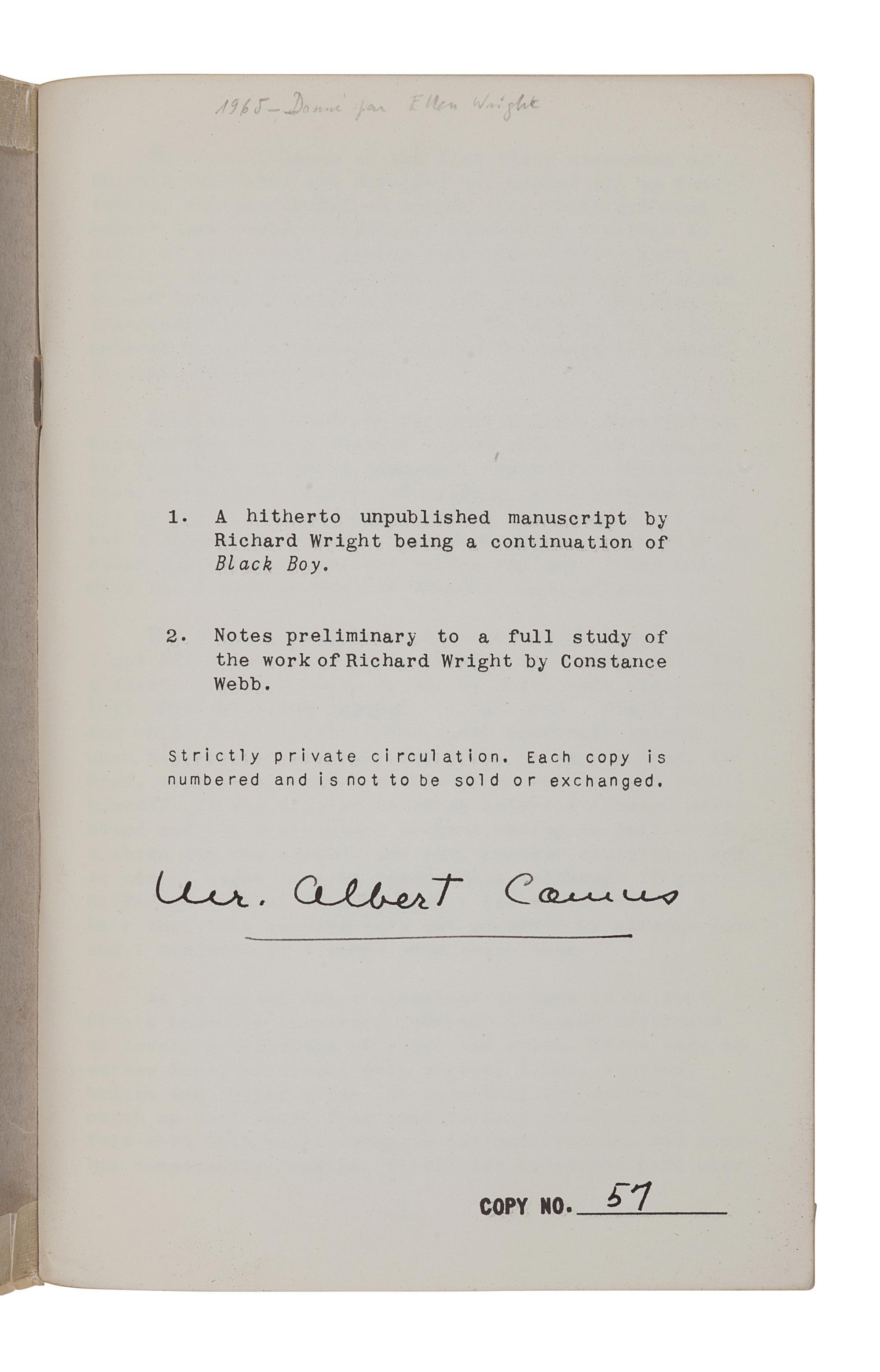 [CAMUS, Albert (1913-1960), his copy]. - WRIGHT, Richard (1908-1960). - WEBB, Constance (1939-1948). A Hitherto Unpublished Manuscript. N.p.: Strictly private circulation [Constance Webb], n.d. [ca 1946].