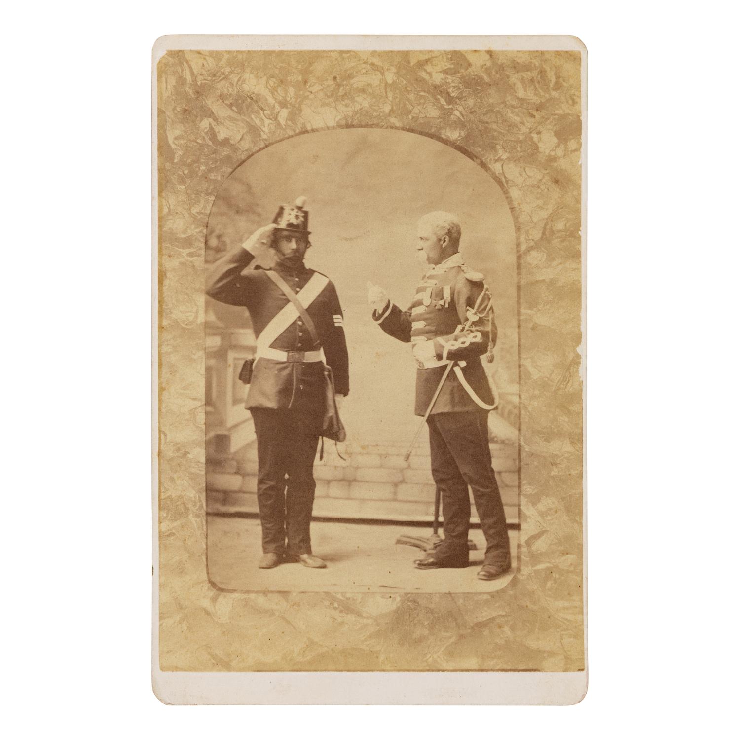 [Indian Wars]. Cabinet card of militiamen, possibly from the 4th Infantry Band by Charles Howard, Fort Sanders, WY.