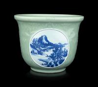 A Chinese Celadon Ground Blue and White Porelain Planter