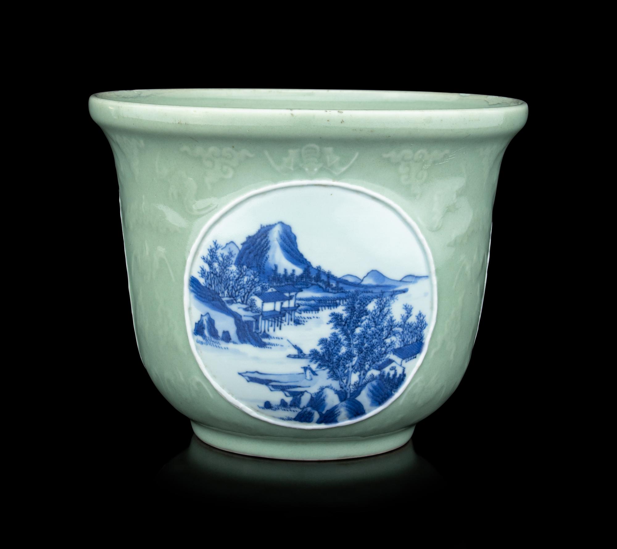 A Chinese Celadon Ground Blue and White Porelain Planter