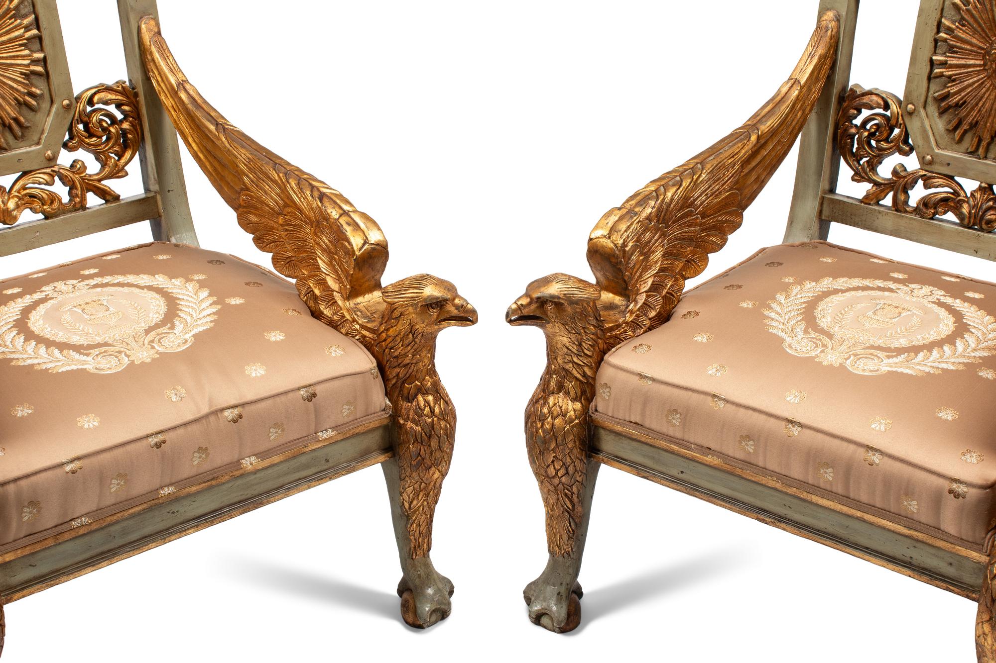 A Pair of Italian Neoclassical Style Painted and Parcel Gilt Eagle-Motif Armchairs