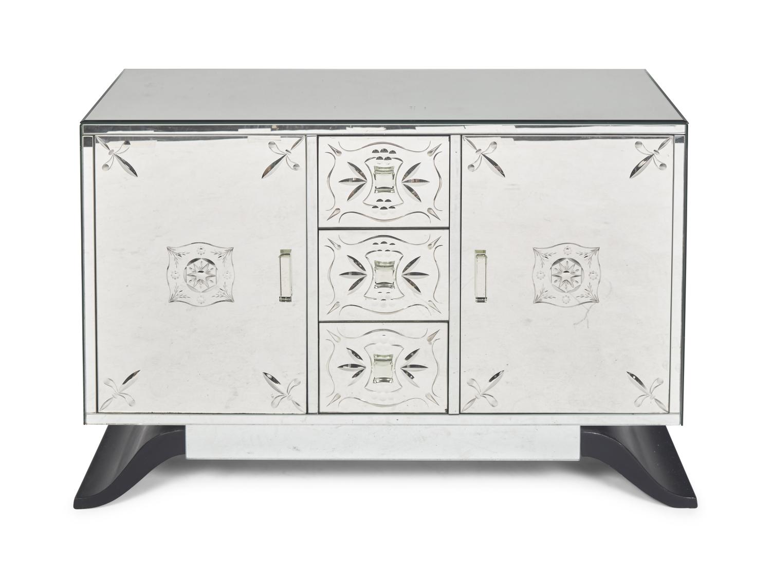 An Art Deco Etched Glass and Ebonized Mirrored Sideboard
