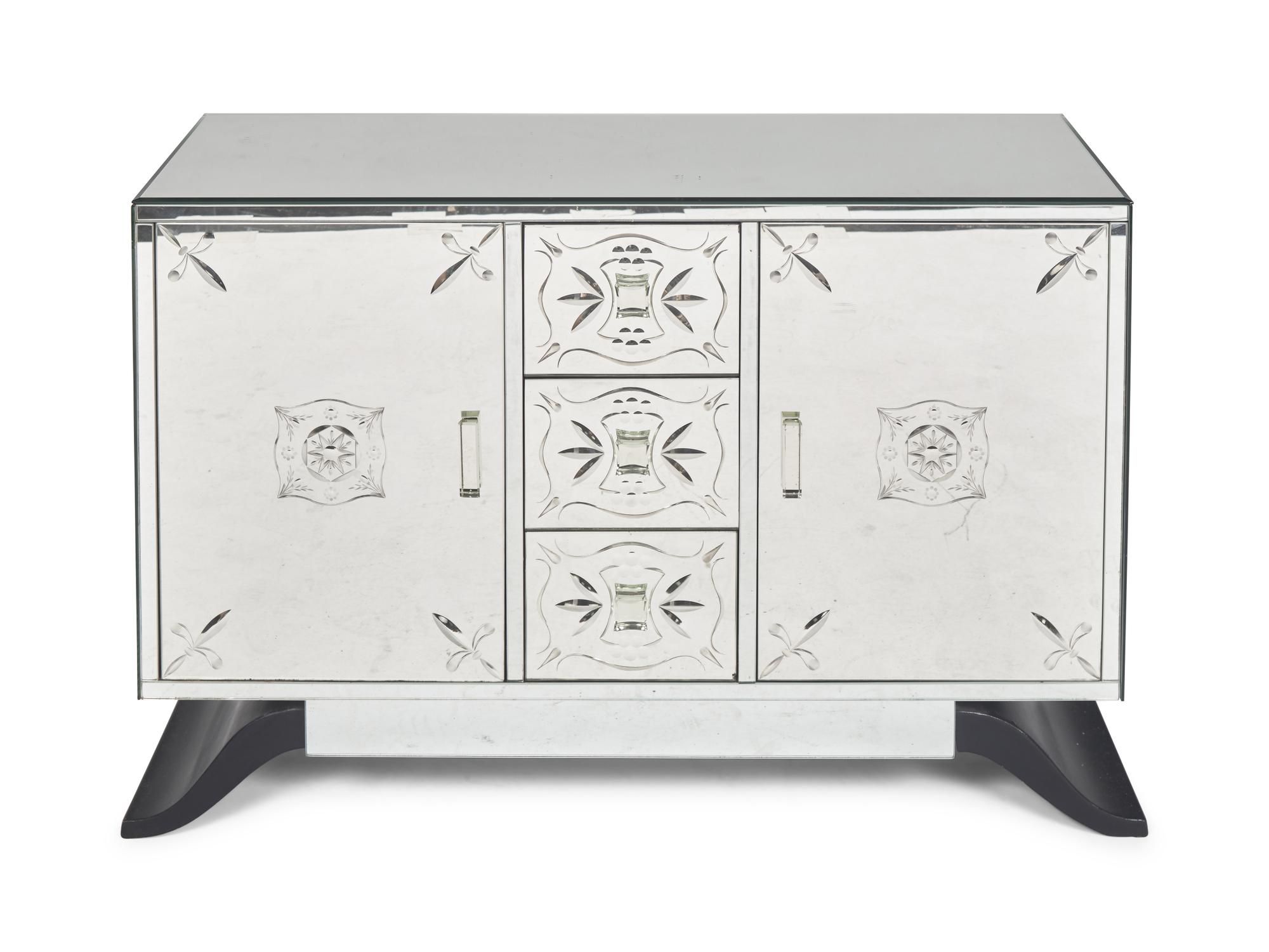 An Art Deco Etched Glass and Ebonized Mirrored Sideboard