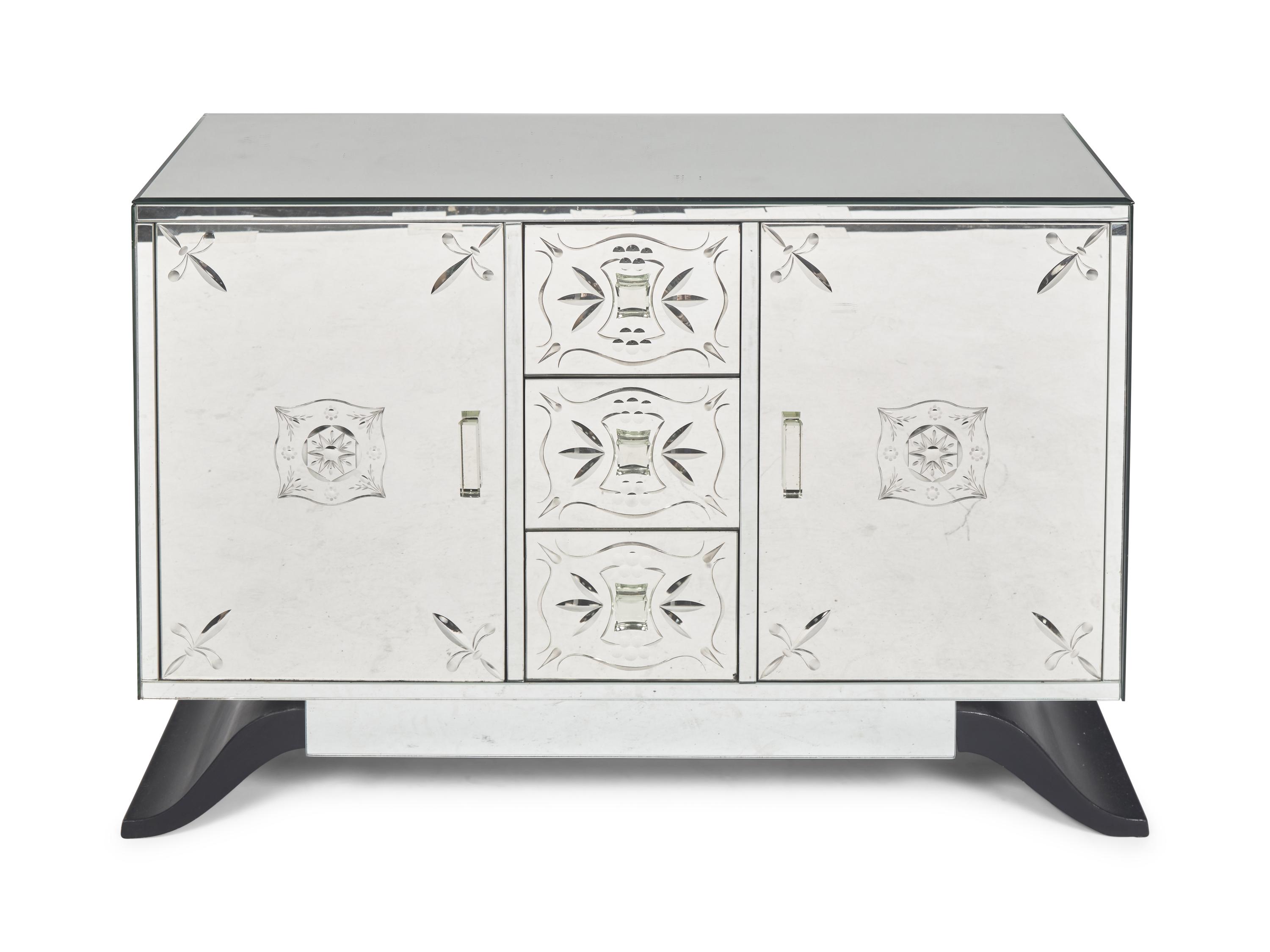 An Art Deco Etched Glass and Ebonized Mirrored Sideboard