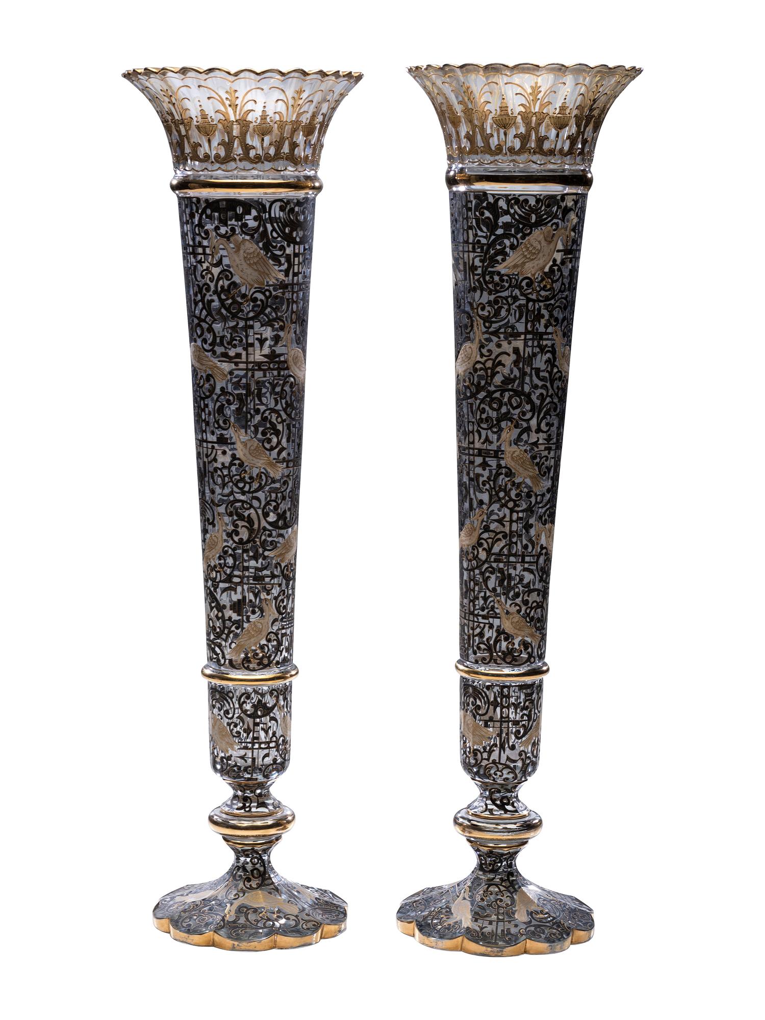A Pair of Gilt and Paint Decorated Glass Trumpet Vases