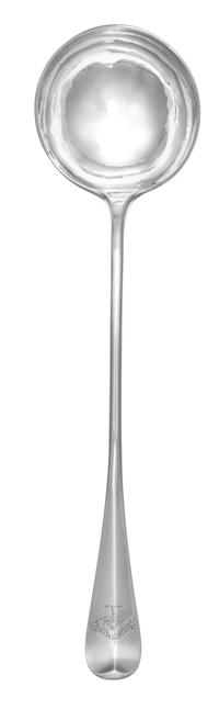 A Scottish George III Silver Ladle, James Welsh, Edinburgh, 1764, having an upturned end, the handle engraved with crest and mottos on