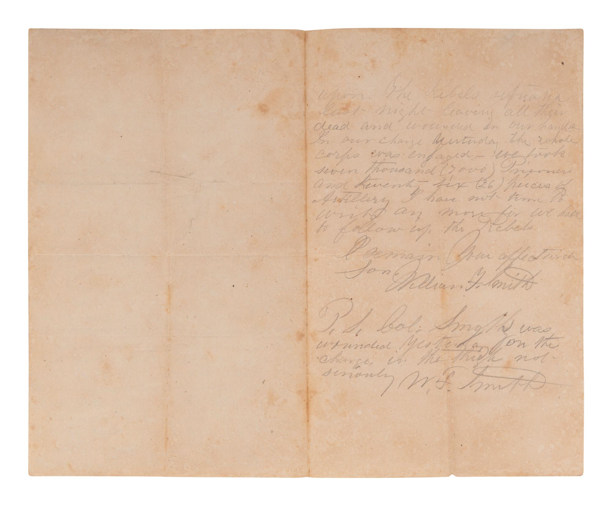 [CIVIL WAR]. Letter written on Confederate paper by Major William F. Smith, 1st Delaware Infantry, describing Hancock's assault at the Mule Shoe during the Battle of Spotsylvania Court House. Spotsylvania County, VA, "Battle Field," 13 May 186[4].