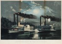 CURRIER and IVES, publishers. -- After Frances F. Palmer. A Midnight Race on the Mississippi. New York, 1860.