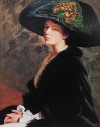A Gicle Painting after Lilla Cabot Perry of a Lady in Green Hat Frame size 40 1/2 x 34 1/2 inches. — 20TH CENTURY