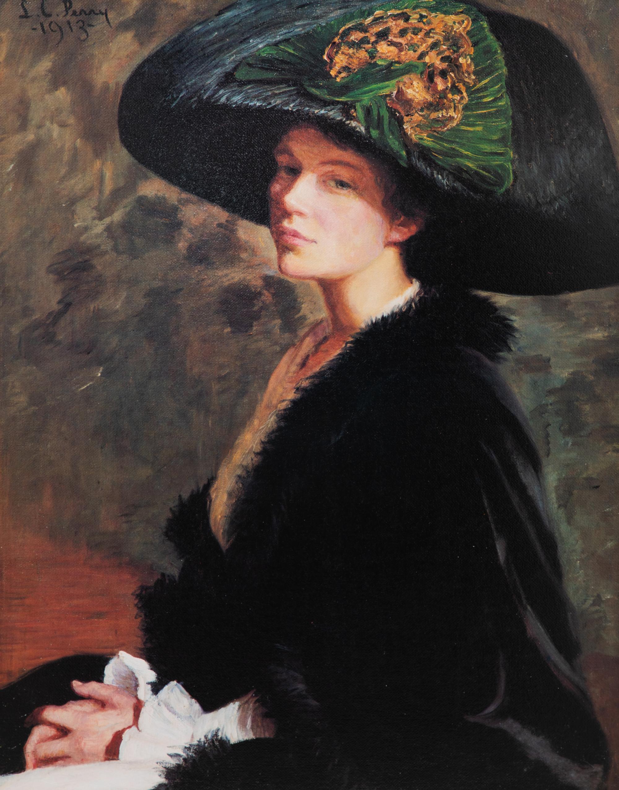 A Gicle Painting after Lilla Cabot Perry of a Lady in Green Hat Frame size 40 1/2 x 34 1/2 inches. — 20TH CENTURY