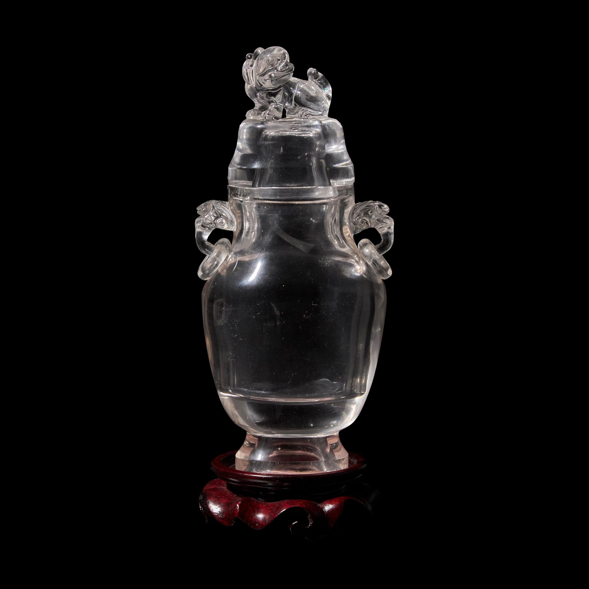 A Chinese Rock Crystal Vase and Cover, 19th-20th Century 晚清-民國 水晶活環耳獅鈕賞瓶