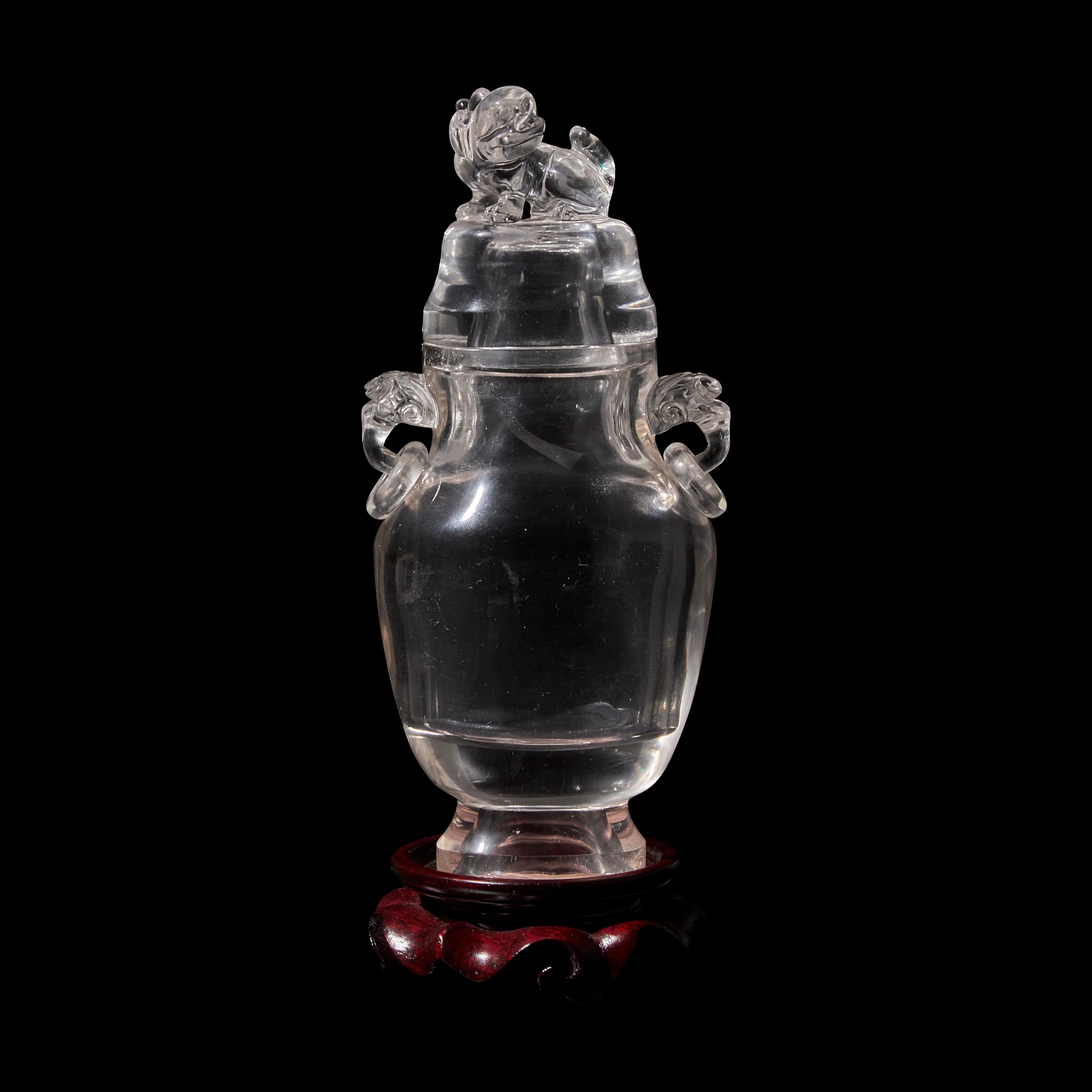 A Chinese Rock Crystal Vase and Cover, 19th-20th Century 晚清-民國 水晶活環耳獅鈕賞瓶