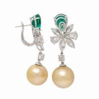 Emerald, Diamond, and Golden Cultured Pearl Earrings