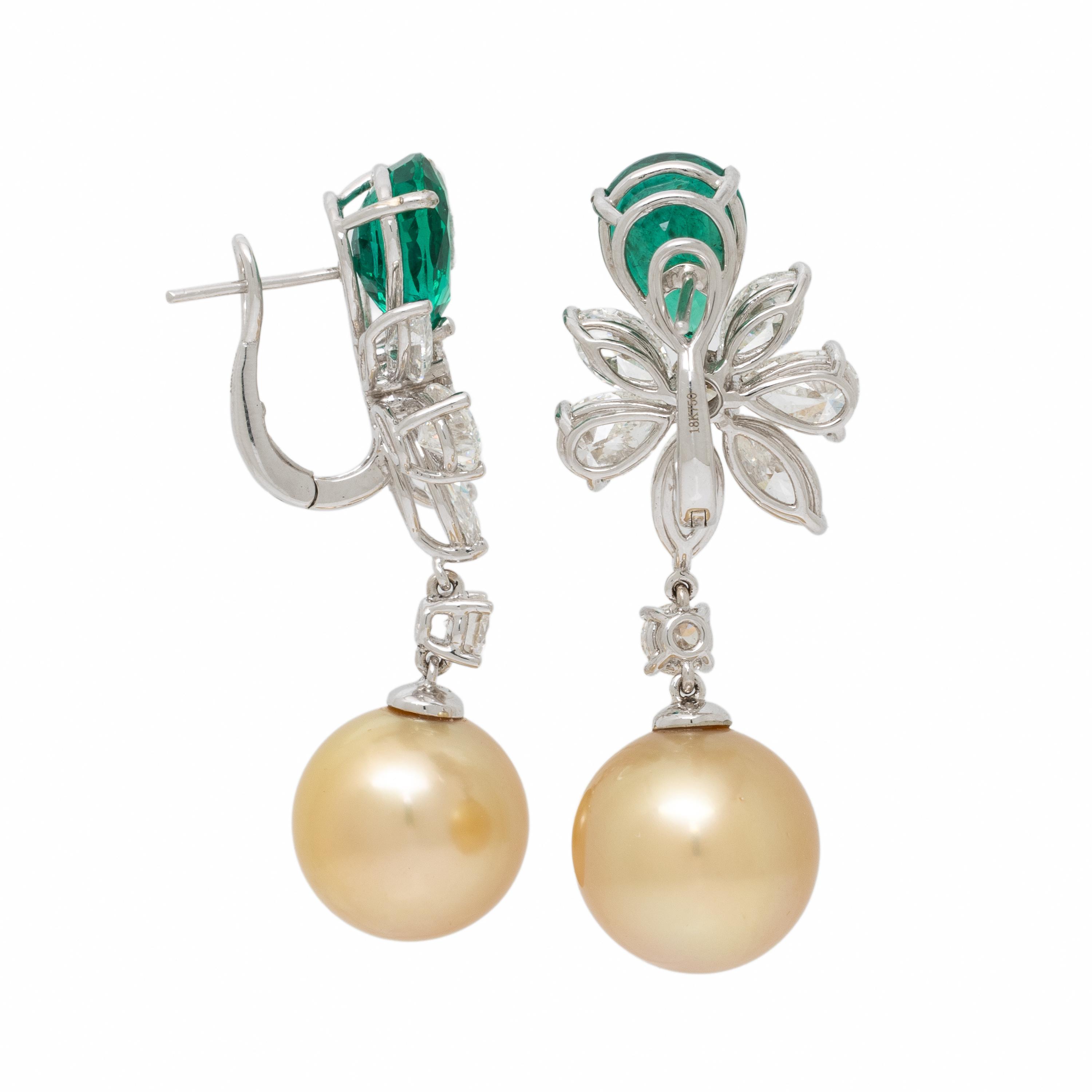 Emerald, Diamond, and Golden Cultured Pearl Earrings