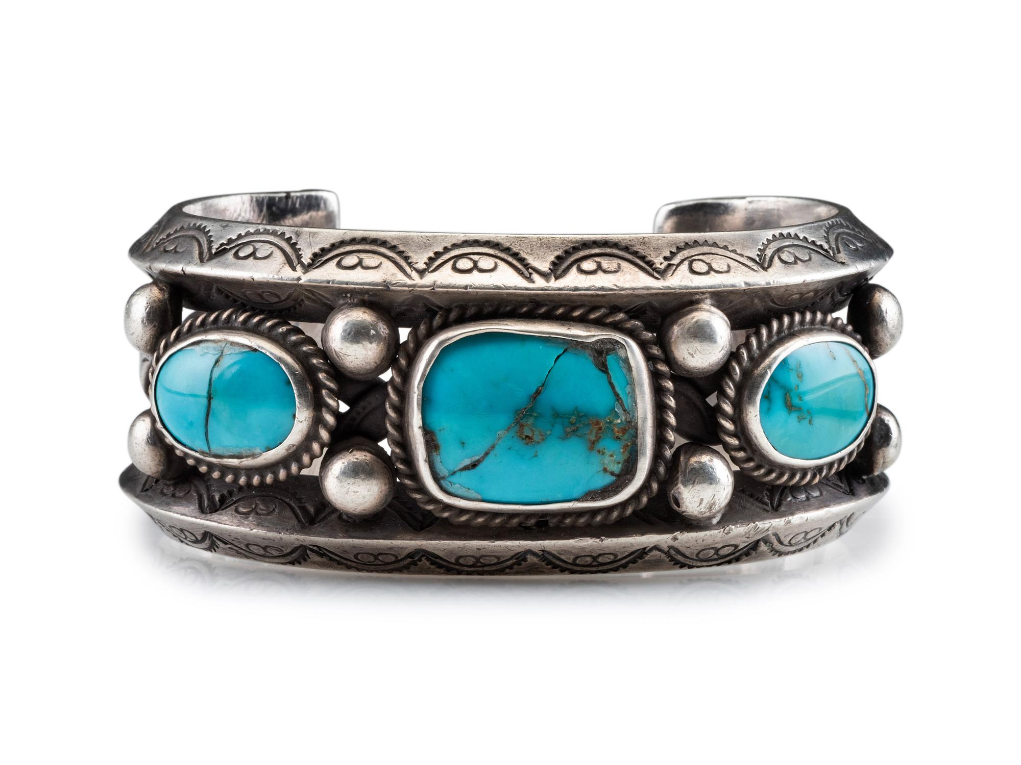 Heavy Silver Cuff, with Three Turquoise Cabochons