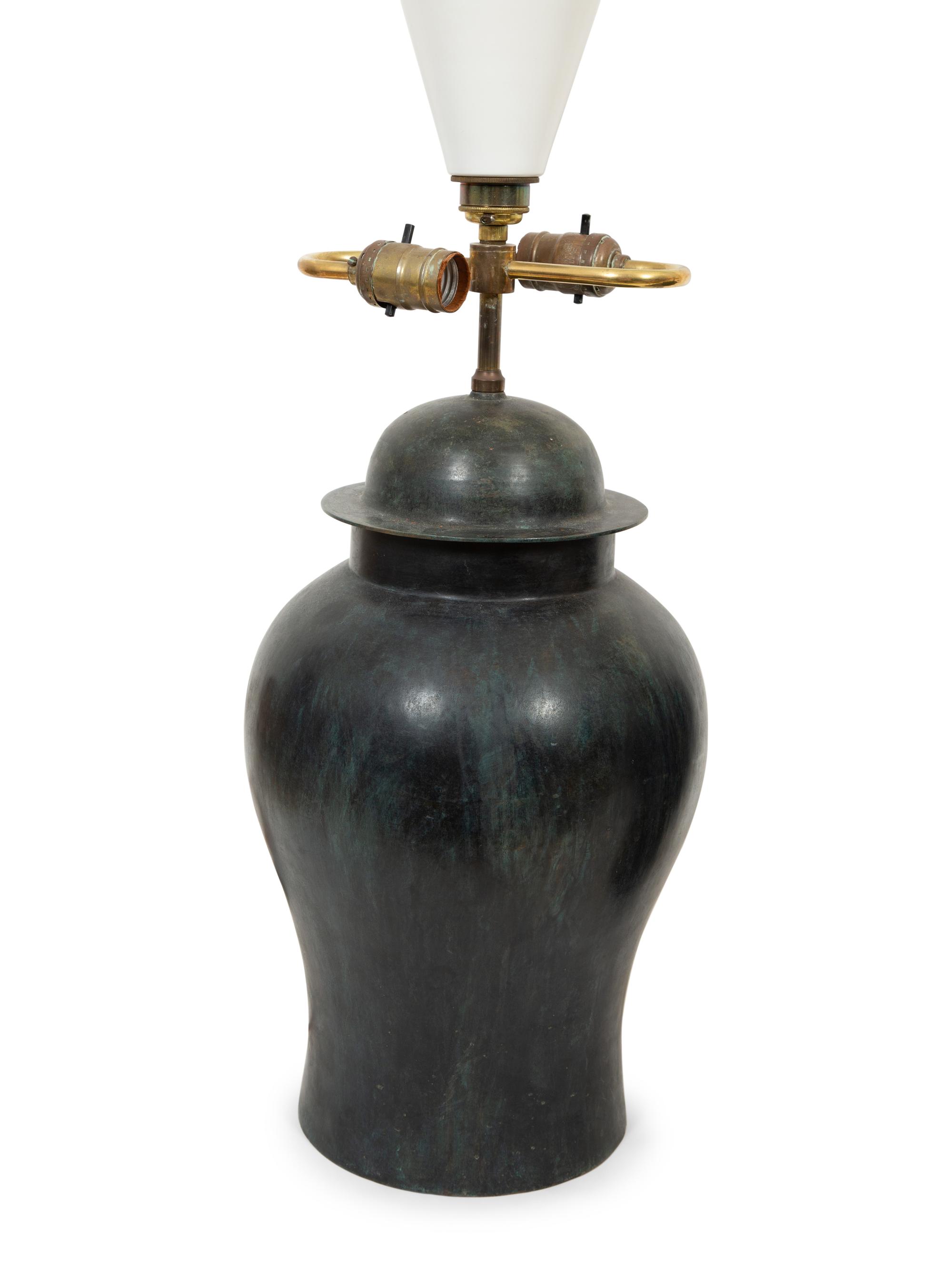 A Pair of Chinese Style Bronze Jars Mounted as Lamps