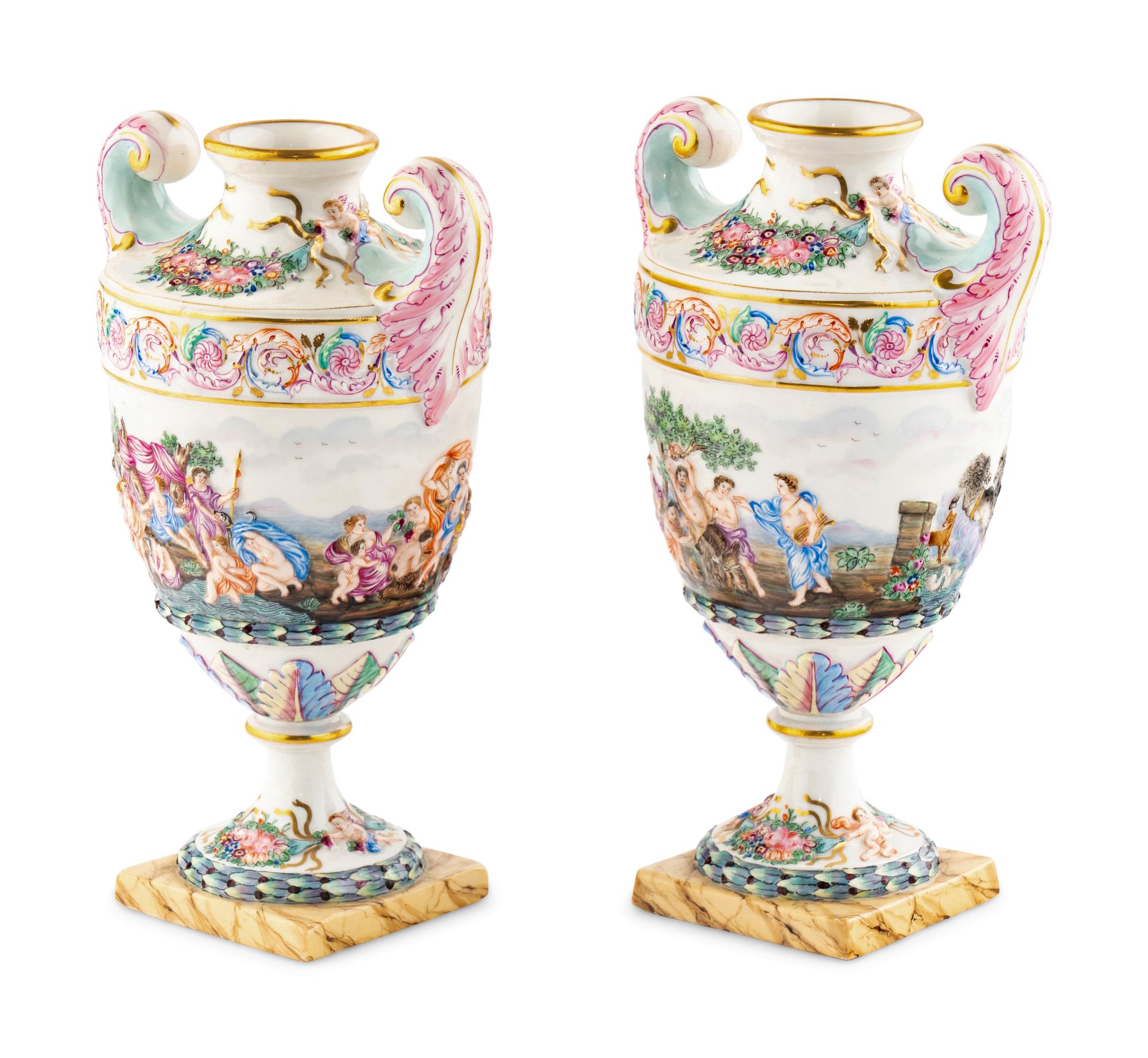 A Pair of Capodimonte Style Urns